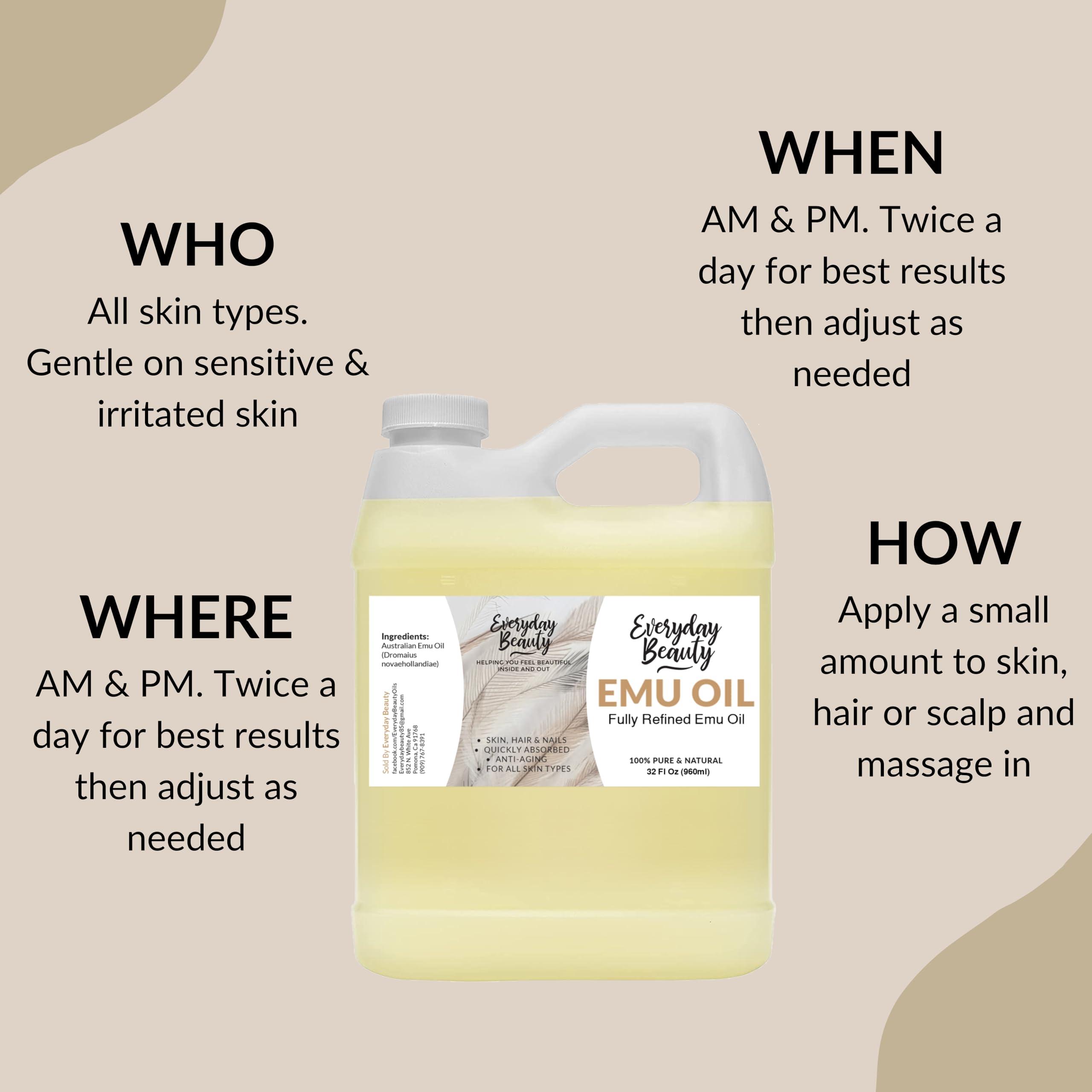 Everyday Beauty Helping You Feel Beautiful Ins Pure Australian Emu Oil Bulk 32 Fl Oz - All Natural 6X Refined for Face, Skin and Hair - Highly Effective Hydration for Sensitive Skin and Hair Growth - Perfect for Scars and Blemishes