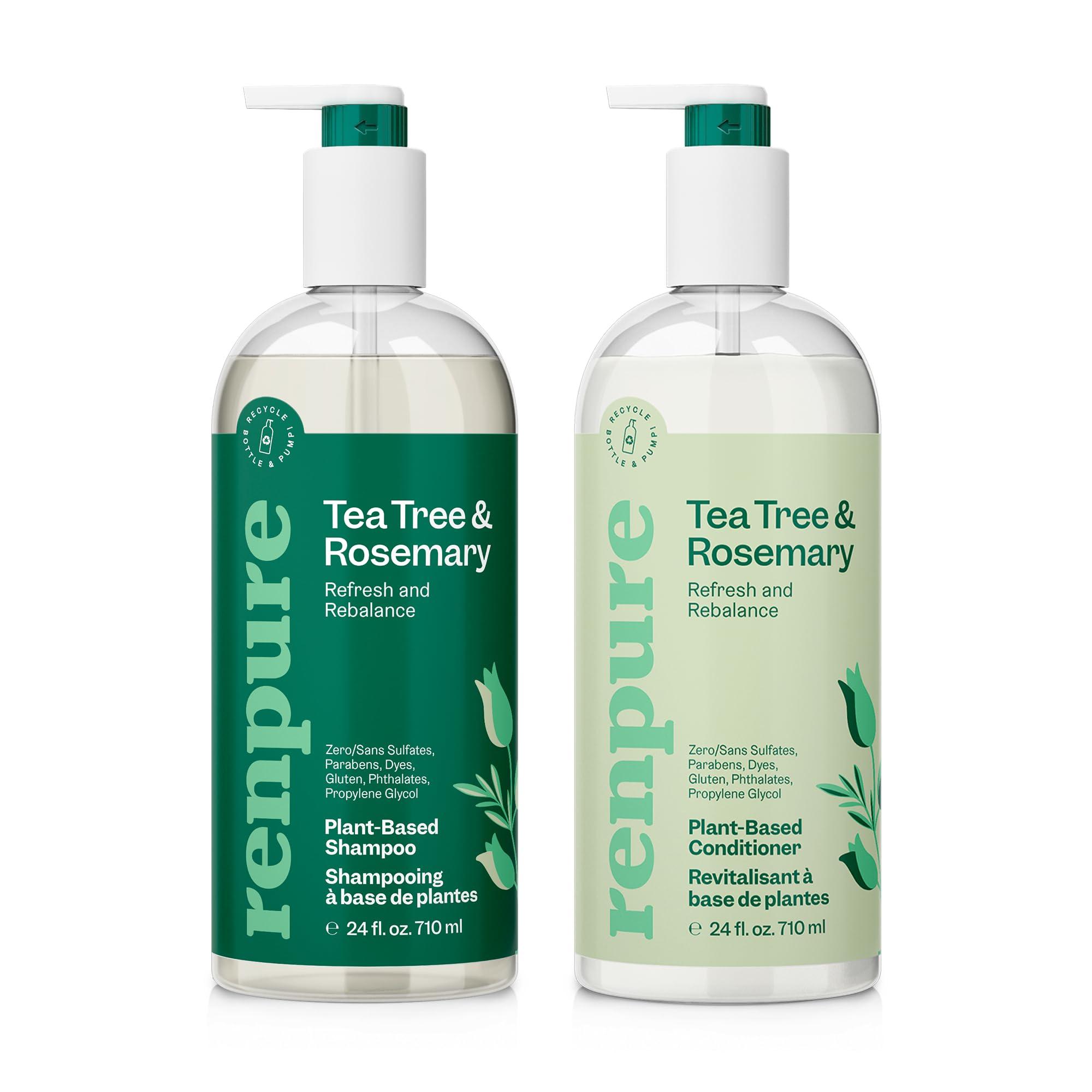 RENPURE Renpure Tea Tree & Rosemary Shampoo & Conditioner Set, Plant Based - Refreshes & Rebalances Hair and Scalp - For Oily/Normal Hair - Tea Tree Leaf Oil, Rosemary Leaf Extract - 24 Fl Oz each, 2 Pack