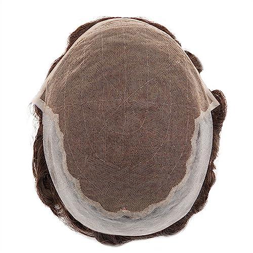 Bustards hair replacement system for men Toupee for Men French Lace & PU Base Men\'s Toupee 6\" Human Hair System Unit Toupee 30 Wave Wig Medium Density Durable Male Hair Prosthesis men\'s toupee(30MM Wave 120%De