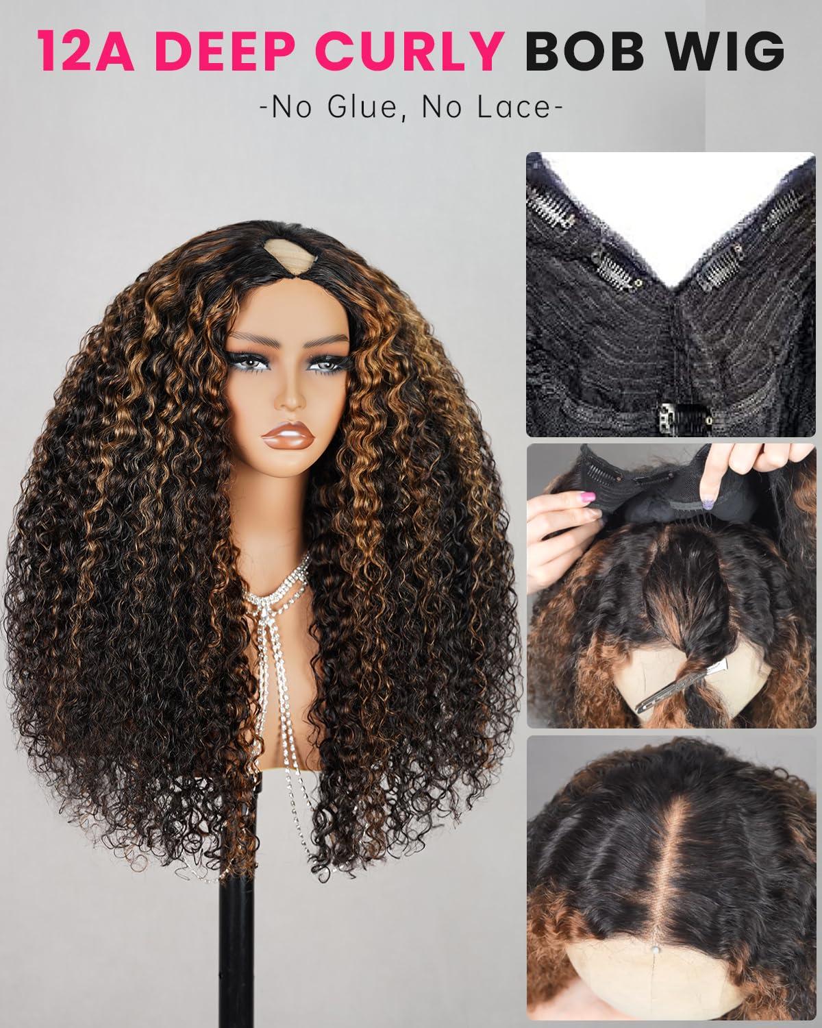 MEGALOOK MEGALOOK V Part Wig Human Hair Highlight Wig 12A Deep Curly Wig Human Hair 180% Density Half Wigs for Women Glueless U Part Wig with Clip Beginner Friendly No Sew In No Glue 18 Inch FB30#