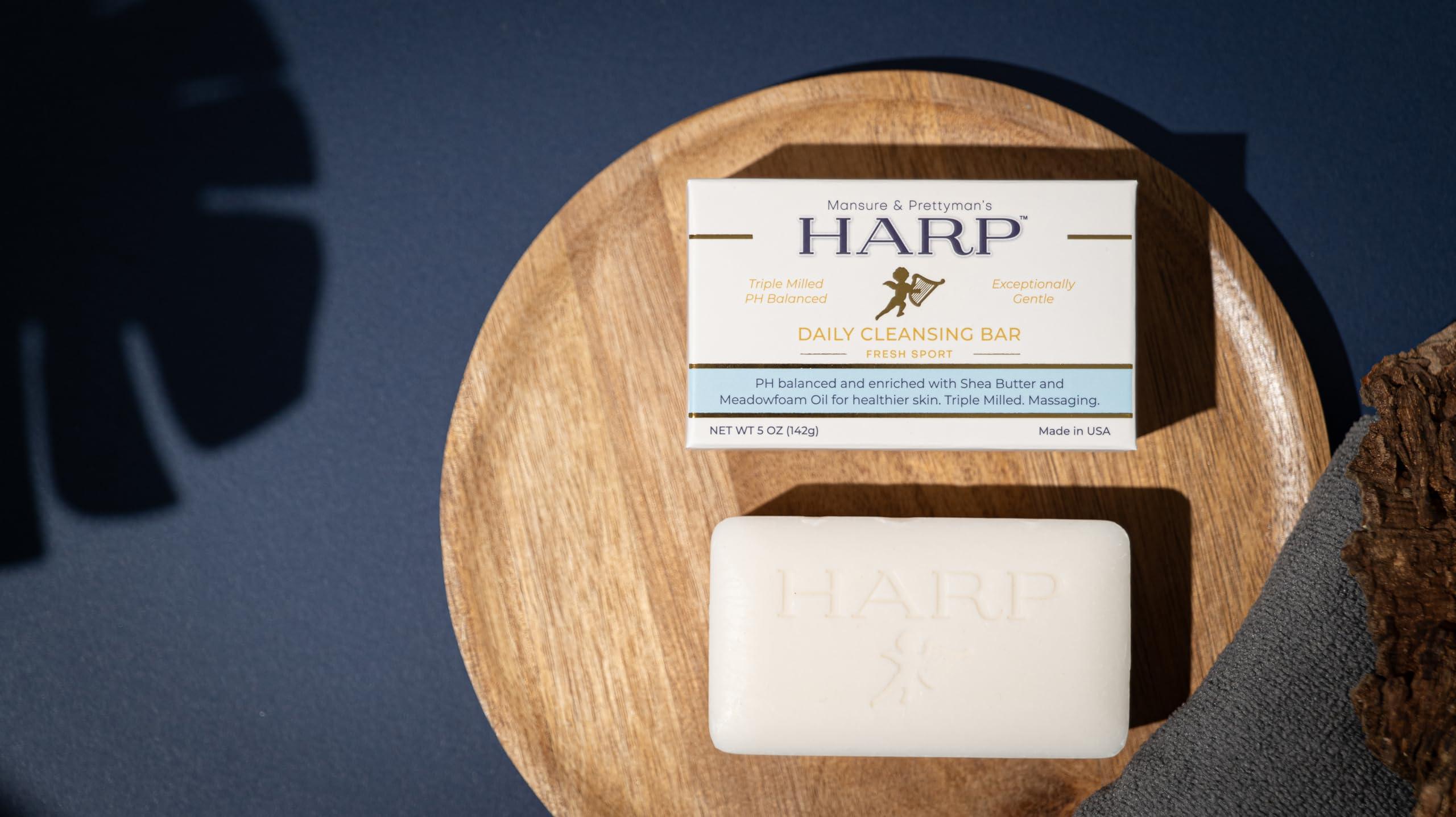 Mansure & Prettyman's HARP HARP pH-Balanced (5.0-6.0) Body Wash Bar - Exceptionally Gentle For Dry or Sensitive Skin + Shea Butter + Borage Oil | Non-Comedogenic | Soap-Free, Lye-Free. FRESH SPORT FRAGRANCE