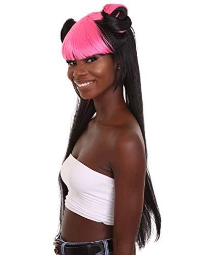 HPO HPO Adult Women's Pinned Up Double Bun China Doll Rapper Wig - Electric Pink and Black Hair - Capless Cap Design