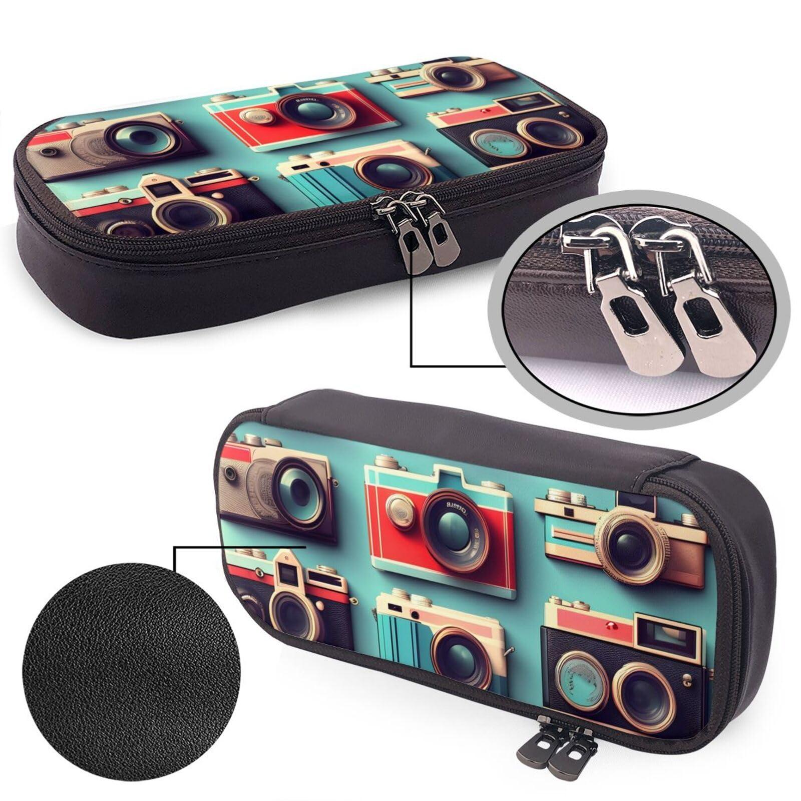 YHBLYKXP YHBLYKXP Retro Cool Camera Collection print Leather Flap Pencil Case,Toiletry Organizer,Zipper Coin Purse, Black