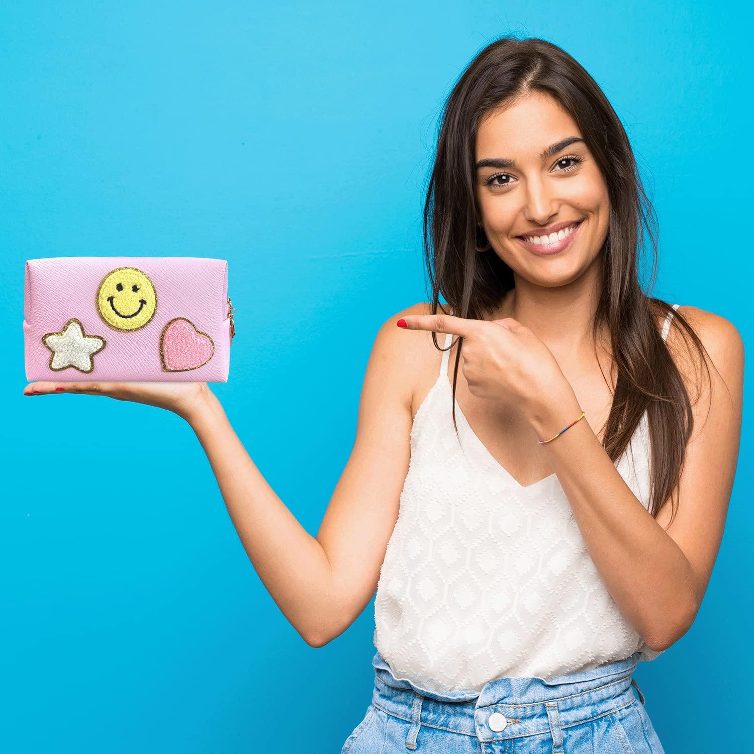 Nylea Nylea Preppy Stuff Patch Makeup Bag, PU Leather Smiley Face Makeup Bag Portable Waterproof Small Pouch, Daily Use Travel Cosmetic Pouch for Women Girls Gift (HOT PINK)