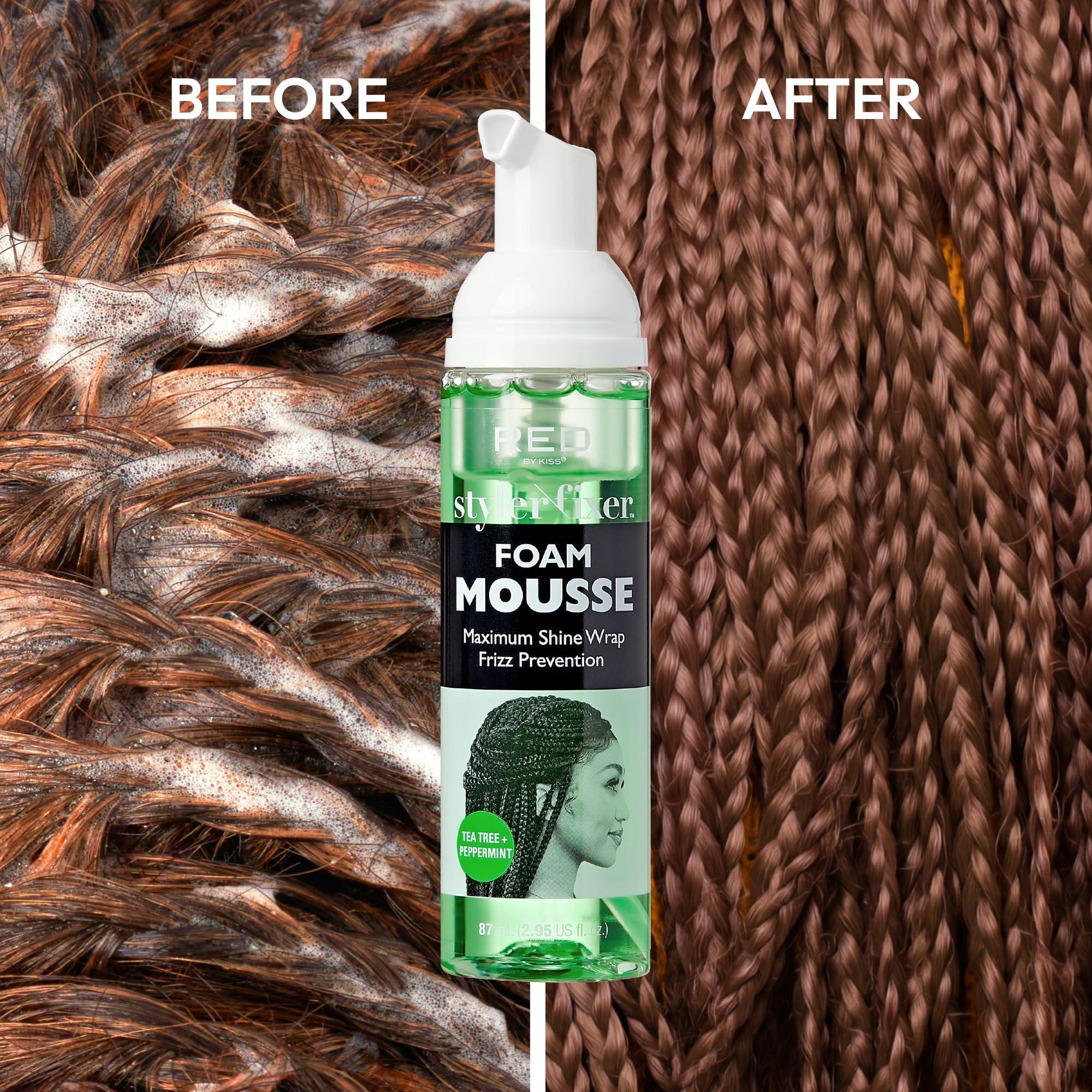 Red by Kiss Red by Kiss Foaming Mini Travel Size Mousse, Maximum Shine Wrap Mousse, Reduce & Prevent Frizz, Define Curls, Hold Styles, Nourishes Dry & Crips Hair (Tea Tree + Peppermint)