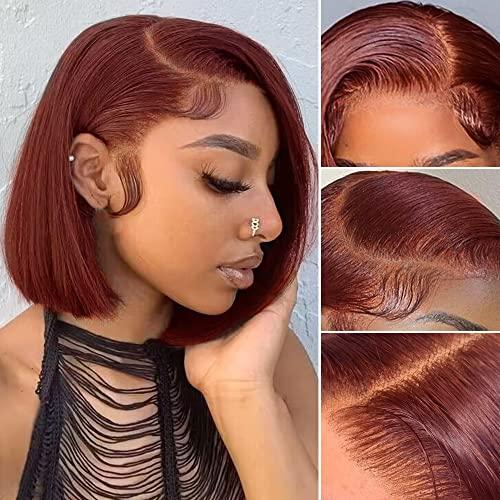 XZZ XZZ Reddish Brown Short Bob Wig Human Hair 13x4 Lace Front Wigs Human Hair Pre Plucked with Baby Hair Glueless Brazilian Virgin Human Hair Wigs 150 Density Auburn Brown 10 Inch