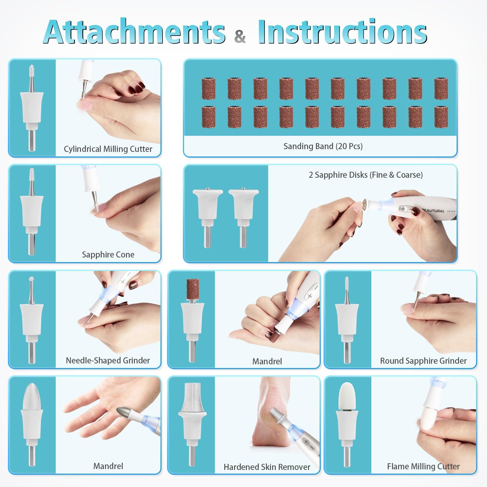 BEAUTURAL BEAUTURAL Professional Nail Drill Kit, Electric Nail File Set Machine with 10 Attachments & 20 Sanding Bands, Efile Manicure Pedicure Tools With Storage Case, LED light [Not Rechargeable and Cordless]