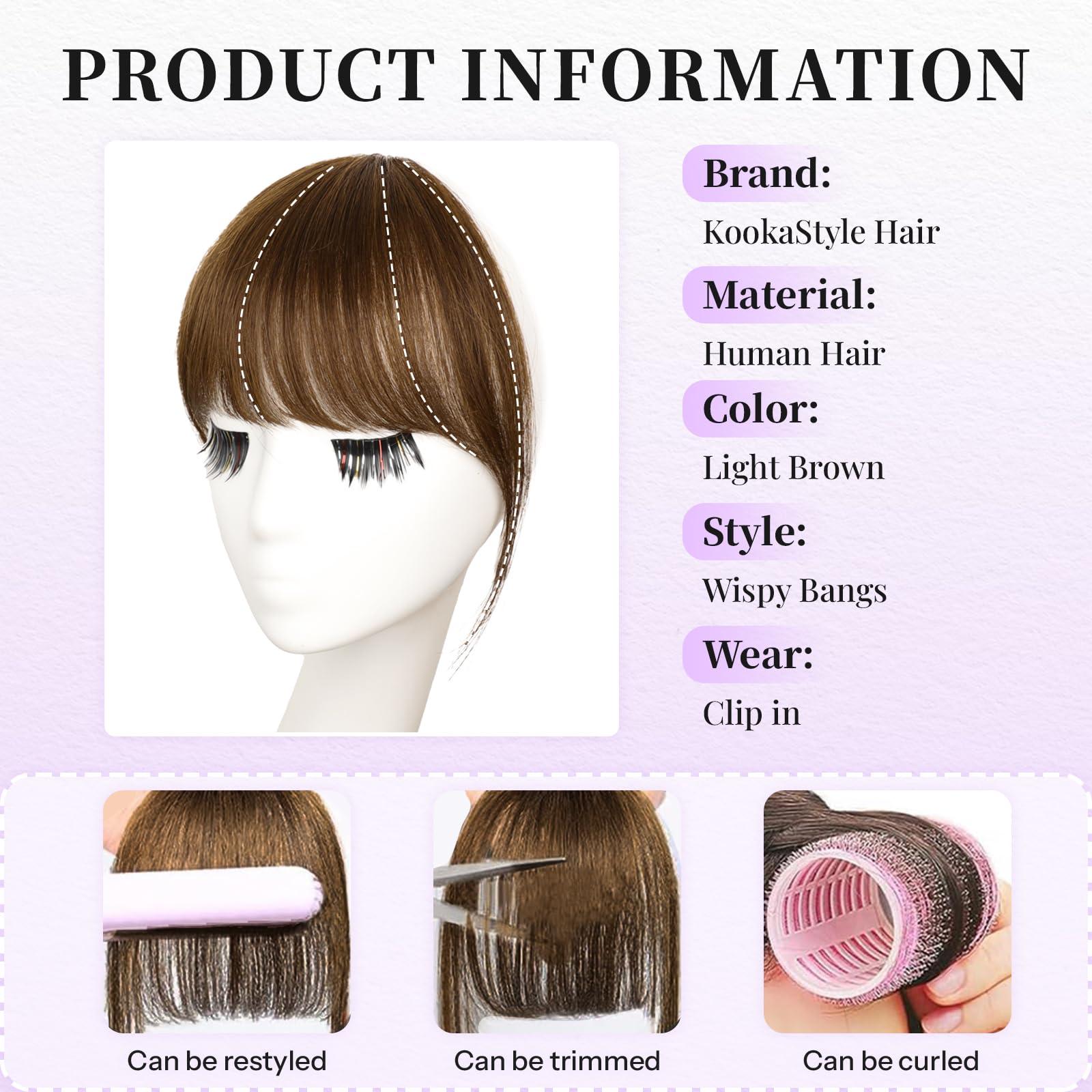 KooKaStyle KooKaStyle Clip in Bangs 100% Human Hair Air Curtain Bangs for Women Light Brown Fake Bangs Wispy Bangs Fringe with Temples Hairpieces for Daily Wear