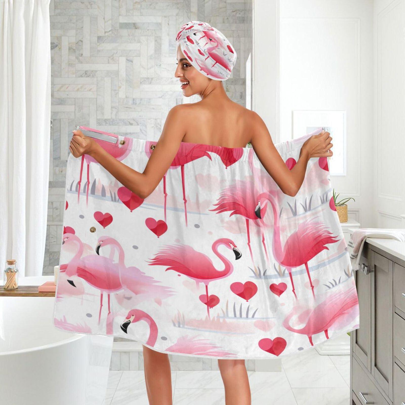 Bulletgxll Bulletgxll Flamingos and Hearts Women's Shower Wrap Towel Set of 3 Adjustable Spa Body Wrap Super Absorbent Bathrobe with Hair Towel & Headband