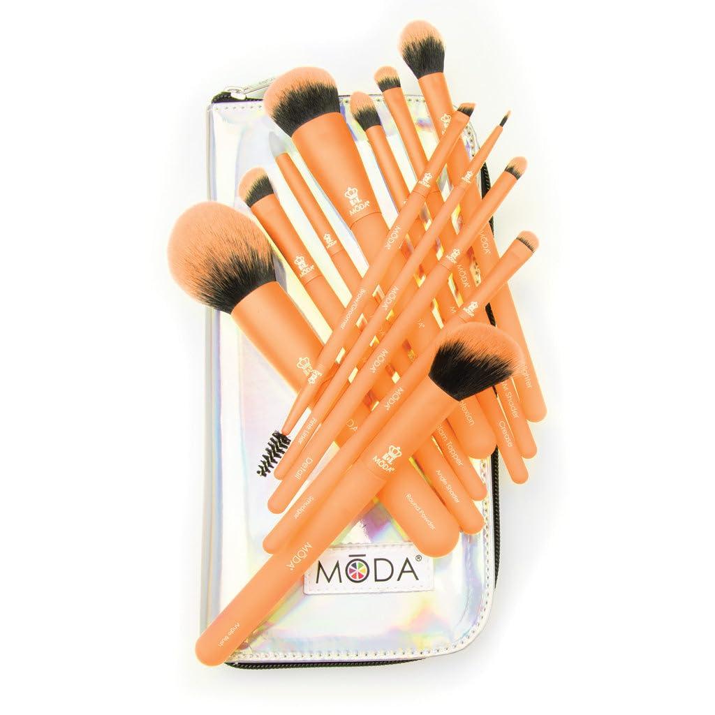 MODA MODA Totally Electric 13pc Full Face Makeup Brush Set, Includes - Powder, Complexion, Blush, Shader, Smudger & Crease Brushes with Zip Case (Neon Orange)