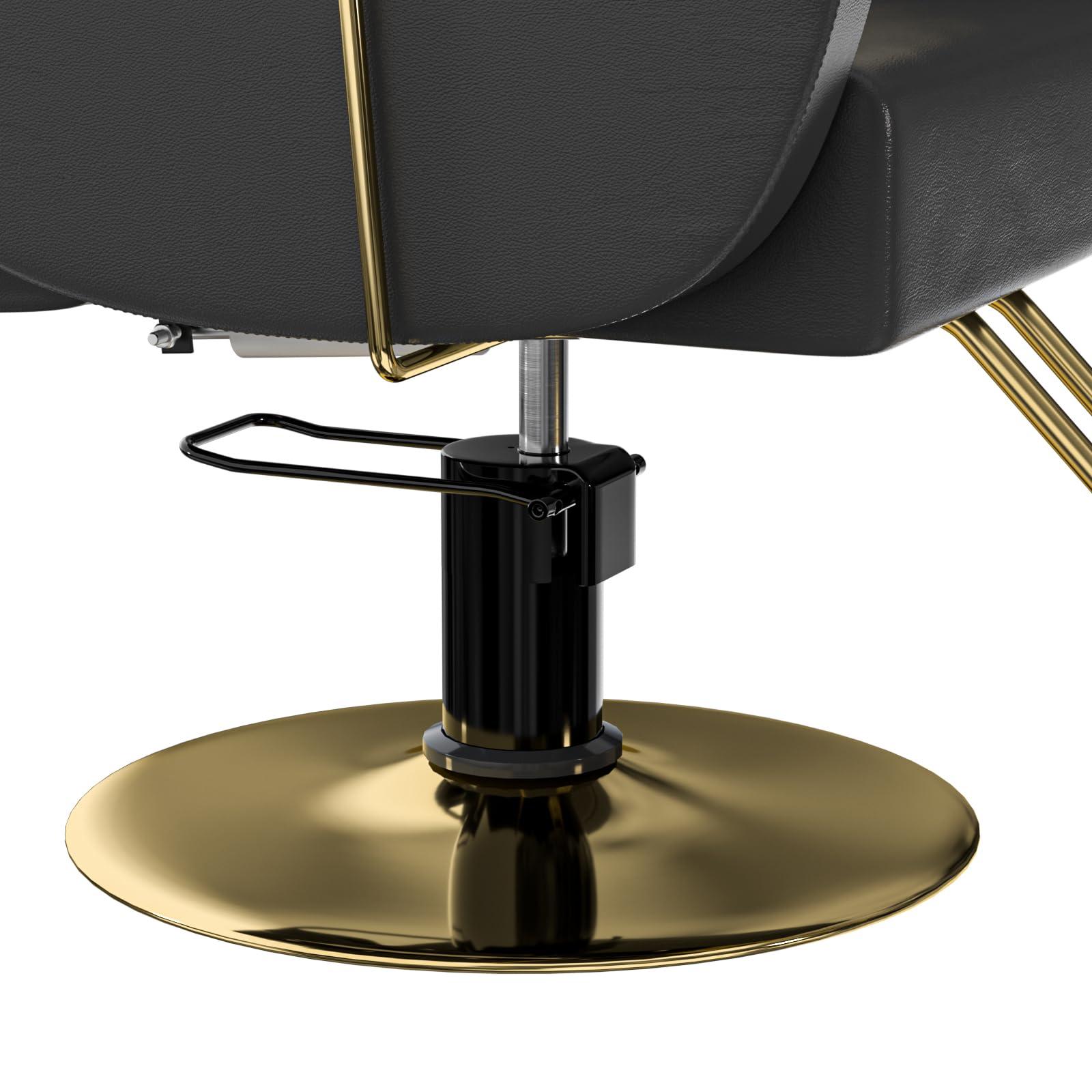Charmmade Salon Chair Reclining Barber Chair Adjustable Recliner Styling Chair Hydraulic Adjust Height 360Swivel, Unique Headrest Design, Black and Gold