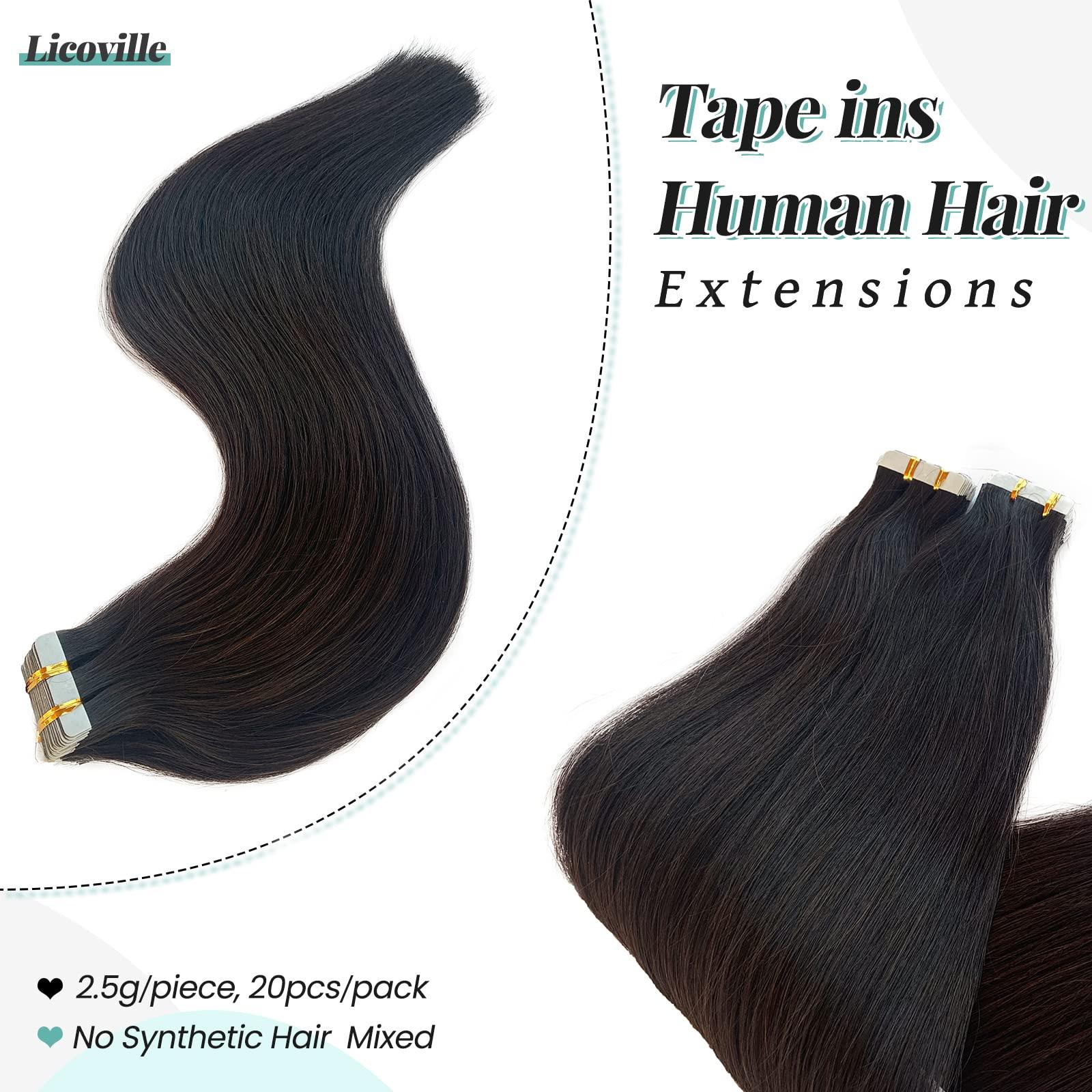 Licoville Dark Brown Tape in Extensions 14 Inch Real Human Hair 50g 20pcs Brown Tape in Hair Extensions Human Hair Double Drawn Straight Brown Hair Extensions Tape ins for Women
