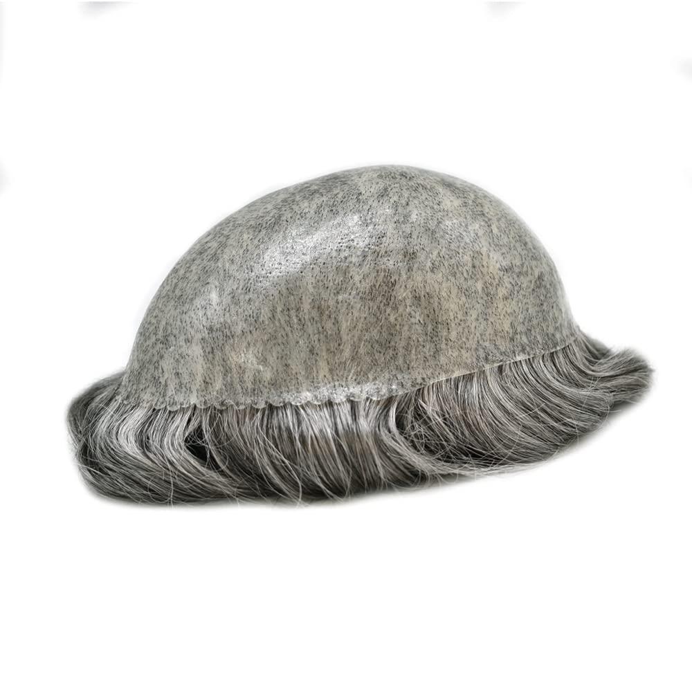 Generic Hair System For Men Toupee European Human Hair Pieces 0.1MM Poly Skin Toupee For Men Hair Replacement Systems Injection PU Hair Units Scallop Front Men8X10-110% density1B# Off Black+60% Grey