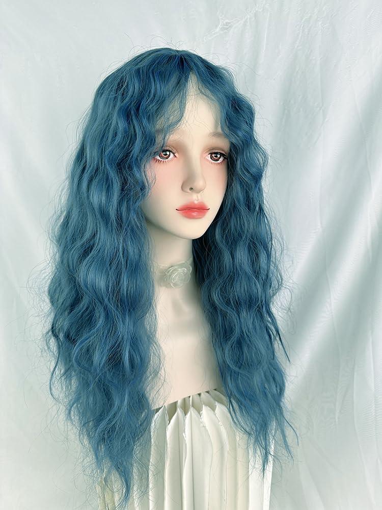huafan luxkazya huafan luxkazya Blue Wig Long Curly Wig with Bangs Lolita Wig Long Wavy Synthetic Wig for Women Daily Party Use