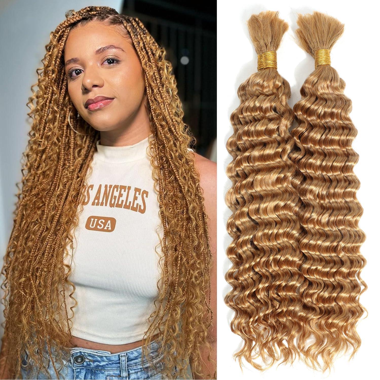 Urbeauty Urbeauty Human Braiding Hair #27 Color, Deep Wave Bulk Human Hair for Micro Braiding No Weft, Curly Human Hair for Boho Braids, Knotless/Goddess/Bohemian/Gypsy/18/20 Inch 100gram
