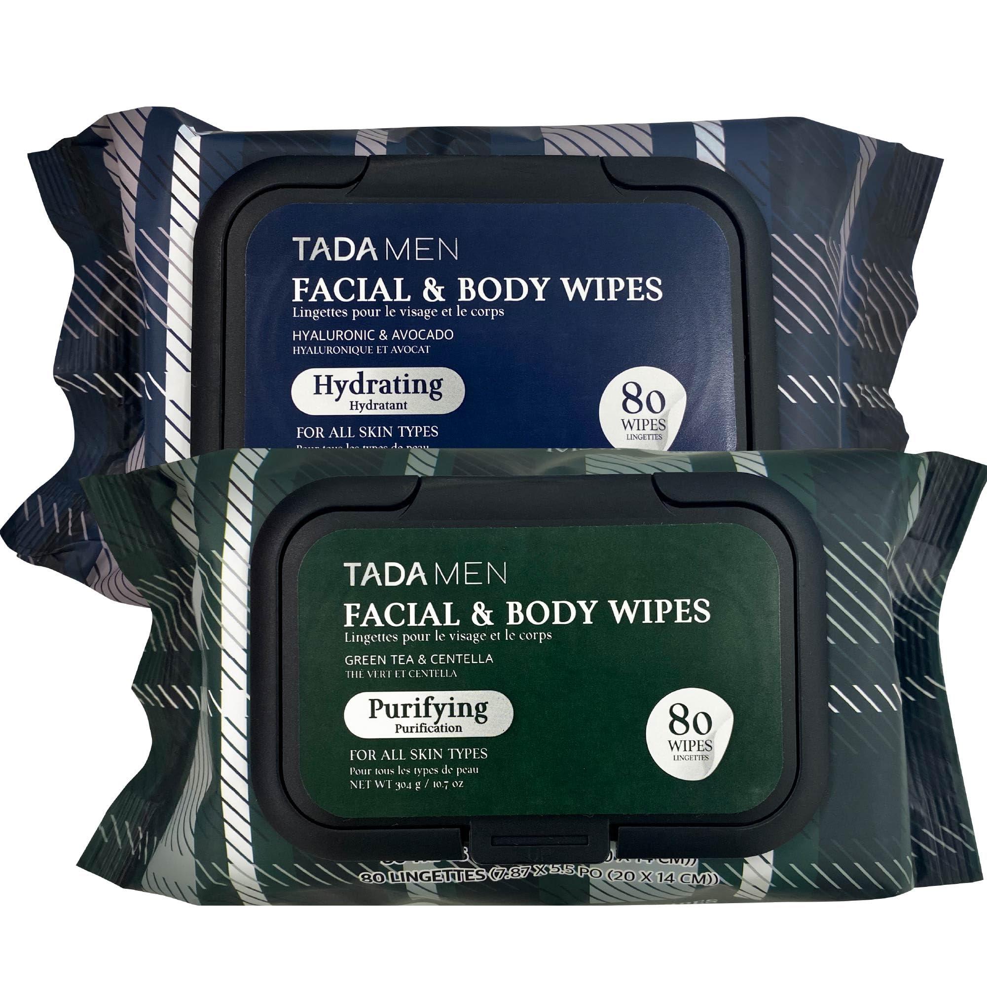 TADA BEAUTY TADA Men - Face Wipes for Men & Body Wipes for Adults No Rinse, Face Cleansing Wipes & Body Cleansing Wipes for Adults Bulk Gym, Running, &Outdoor Activities - Green tea & Hyaluronic (2PK Mix)