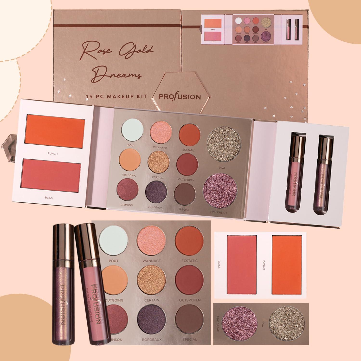 Profusion Cosmetics Profusion Cosmetics Rose Gold Dreams 15 PC Makeup Kit, Velvety Smooth Matte and Glitter Eyeshadows, Vibrant Blush and 2 Lipgloss for Glamorous Looks