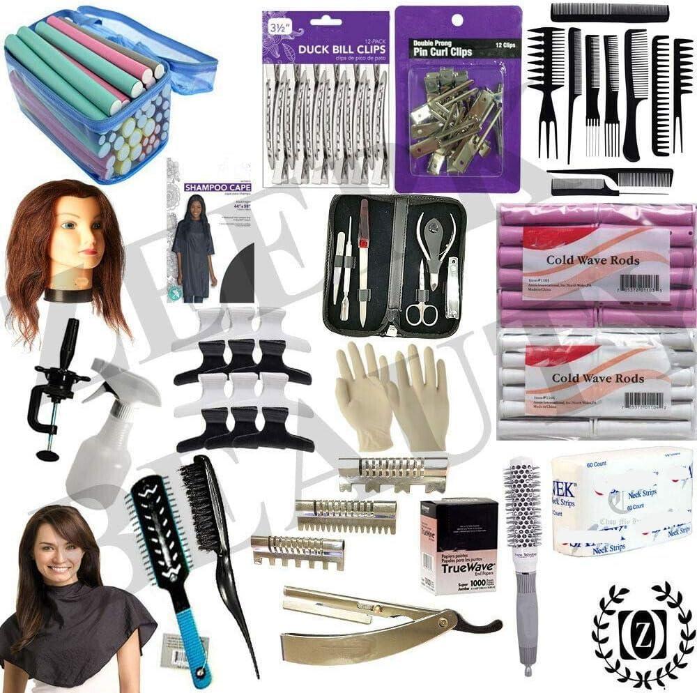 Hector Beauty Supply Profession 20PCS Cosmetology Kit Hair School, Barbershop Beauty Salon Approved Use! 10 Piece Comb Set, Butterfly Clips, Flex Rods, Mannequin Head w/Stand! Hair Brushes! Neck Wraps!