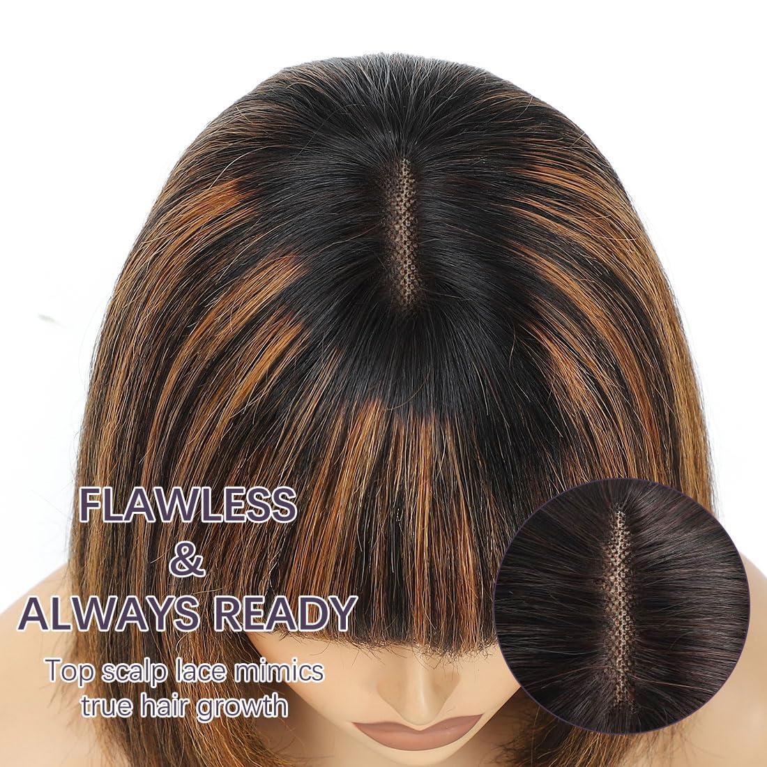CLIONE Short Bob Wig with Bangs Human Hair 8 Inch Highlight Brown Bob Human Hair Wig with Bangs 2.5x1 HD Lace Bob Wig Ready to Go Glueless Wigs 100% Human Hair Wigs for Black Women Layered Cut 180% Density
