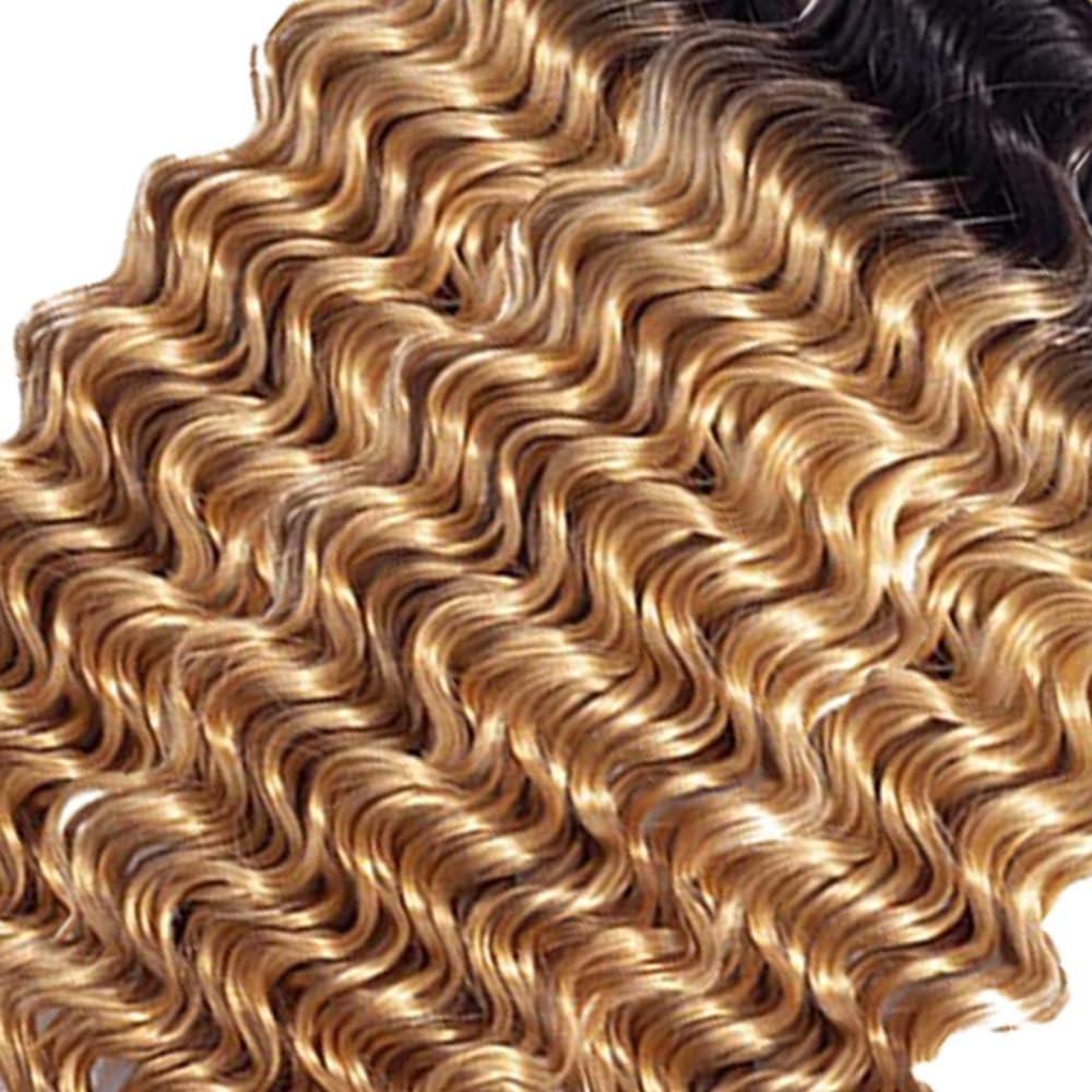 NiegMeag Blonde Human Hair Bundles 1B/27 Deep Wave Bundles Brazilian Grade 8A Virgin Hair Mixed Length 3 Bundles 16 18 20 Inch 2 Tone Black and Honey Blonde Deep Wave Bundles
