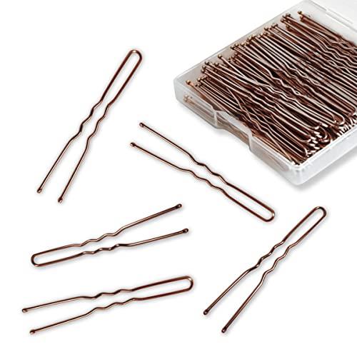 Tenalleys 100 PCS Invisible Wave Hairgrip U Shaped Hair Pins Kit Large Heavy Duty Crinkled Hair Pins for Women and Ballet Bun with Box (2.4 in, Brown )