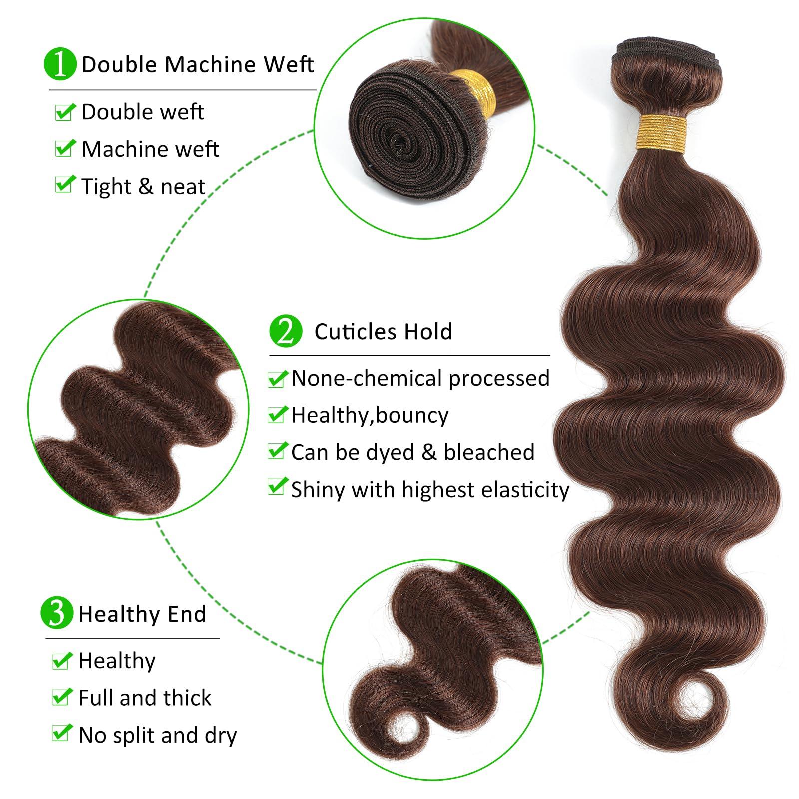 Kapelli Hair Kapelli Hair Brazilian Body Wave Bundles with Closure (12 14 16+12) 10A Light Brown Body Wave Human Hair Bundles with Lace Closure Brazilian Virgin Hair 3 Bundles with Lace Closure with Baby Hair