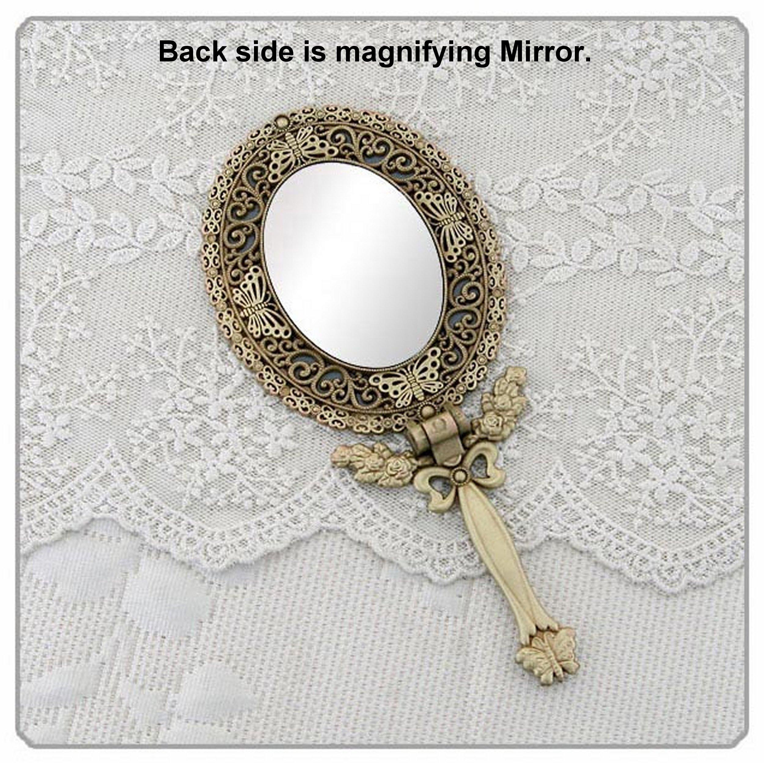 HI Industry SEHAMANO Butterfly Designed Double Sided Magnification Hand Held Makeup Metal Mirror Folding Handle Stand Travel Mirror (Medium, Brass)