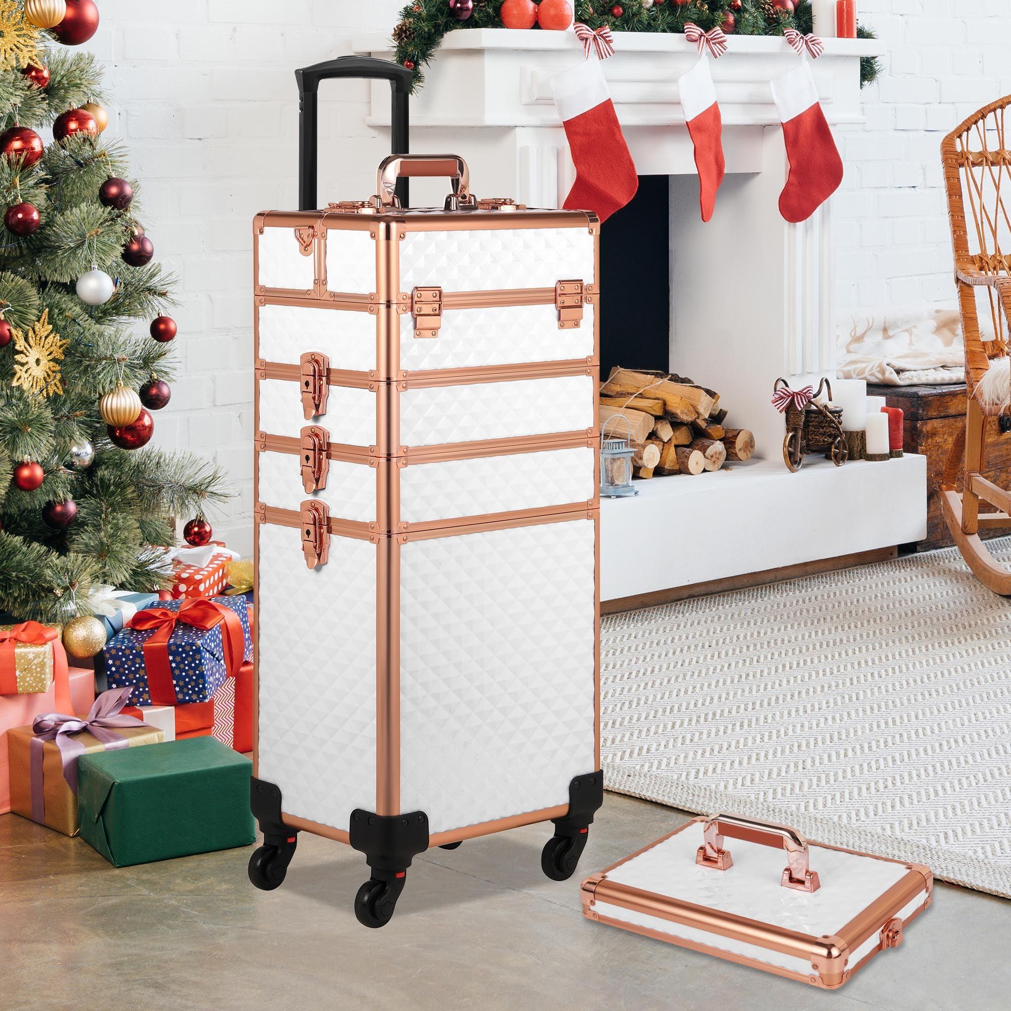 Somduy Somduy Rolling Makeup Case, Makeup Train Case with Lid, 5 in 1 Cosmetology Case on Wheels, Christmas Gift, Large Makeup Case Organizers, Profesional Cosmetic Case for Salon Barber, White Gold