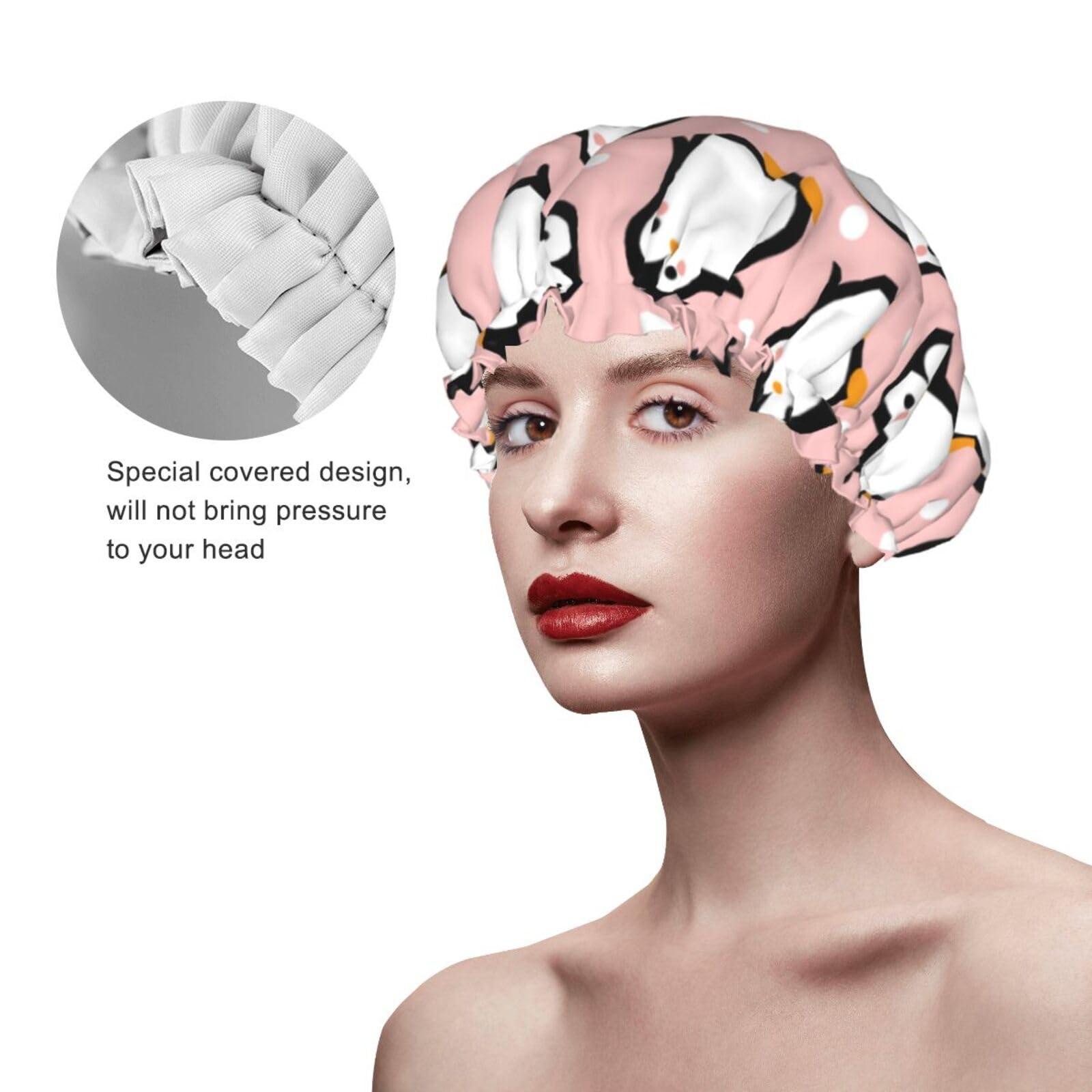 YIPOCH Cute Animal Penguin Large Shower Cap for Women Men Shower Caps for Women Reusable Waterproof Hair Cap Double Layers Showercap With PEVA Lined & Elastic Band Fashion Shower Bonnet