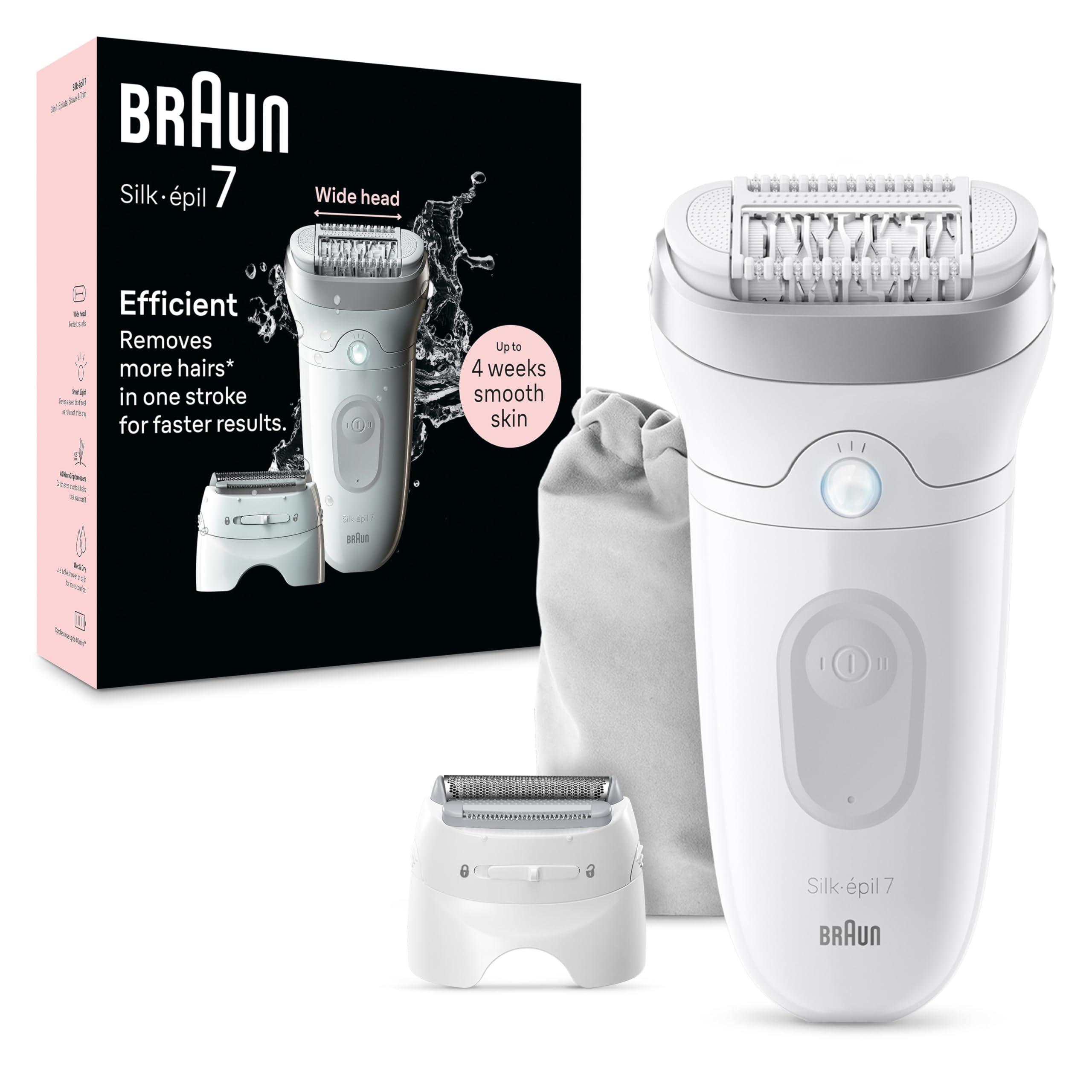 Braun Braun Epilator Silk-pil 7, Hair Removal Device, Women Shaver & Trimmer, Wet and Dry, Wide Head, Includes Shaver Head and Trimmer Comb, SE7-041, Silver