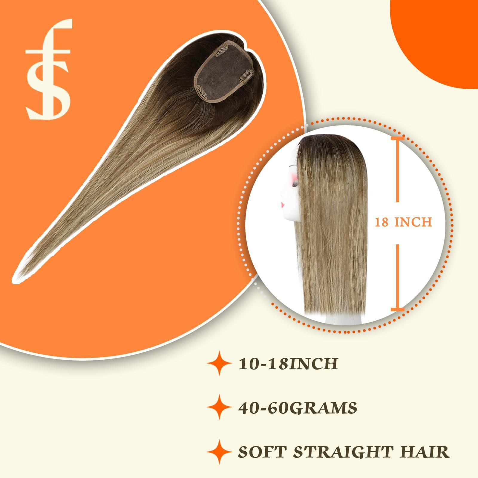 Full Shine Full Shine Brown Hidden Crown Hair Extensions Fading To Blonde Highlight Top Hair Pieces For Women Hair Loss Silk Base Crown 3 * 5 Inch Topee Real Human Hair Wiglet 12 Inch