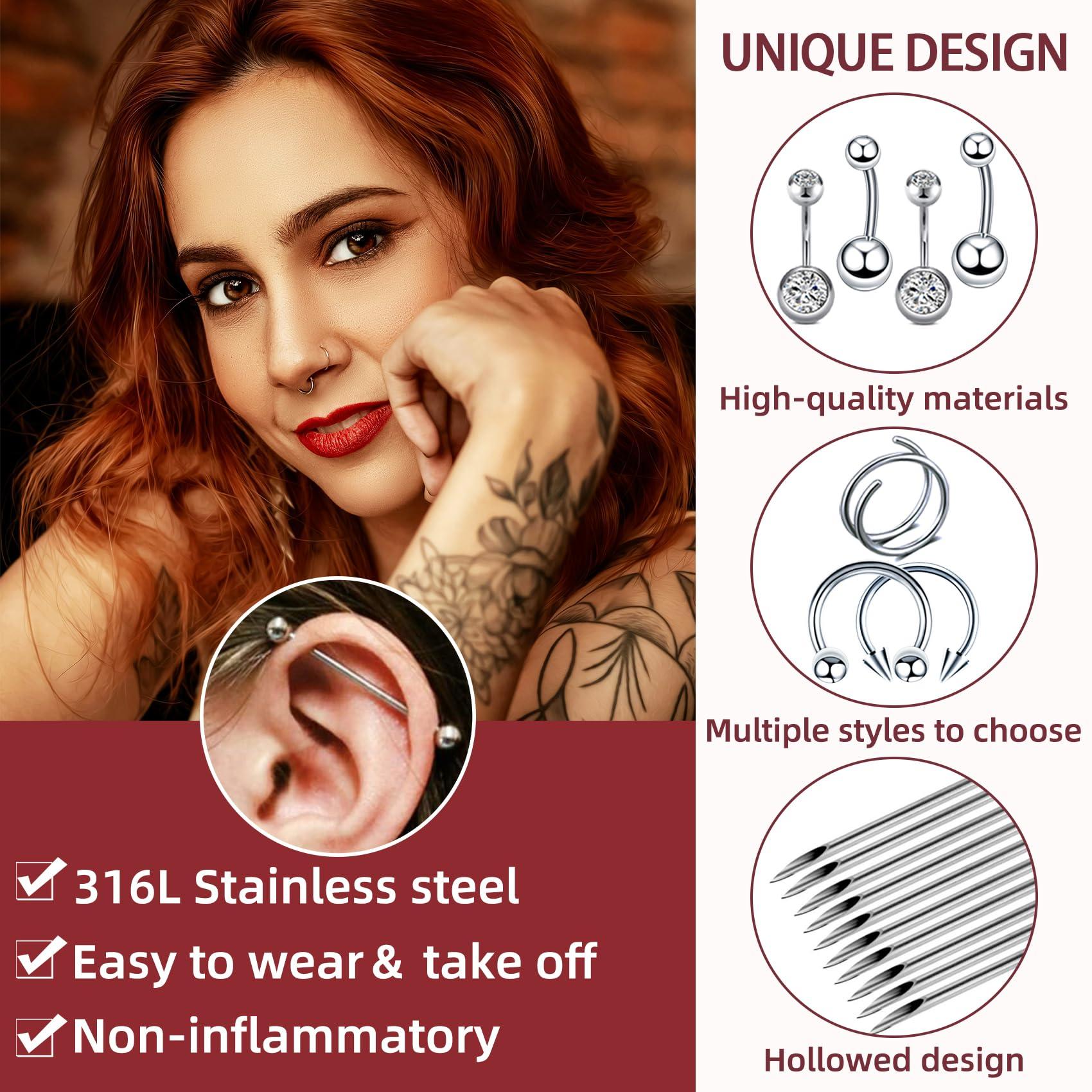 Tustrion 103PCS Piercing Kit for all Body Piercings Stainless Steel Piercing Jewelry with 12G 14G 16G 20G Piercing Needles and Tools for Nose Septum Belly Button Lip Ear Tongue Cartilage Eyebrow Tragus