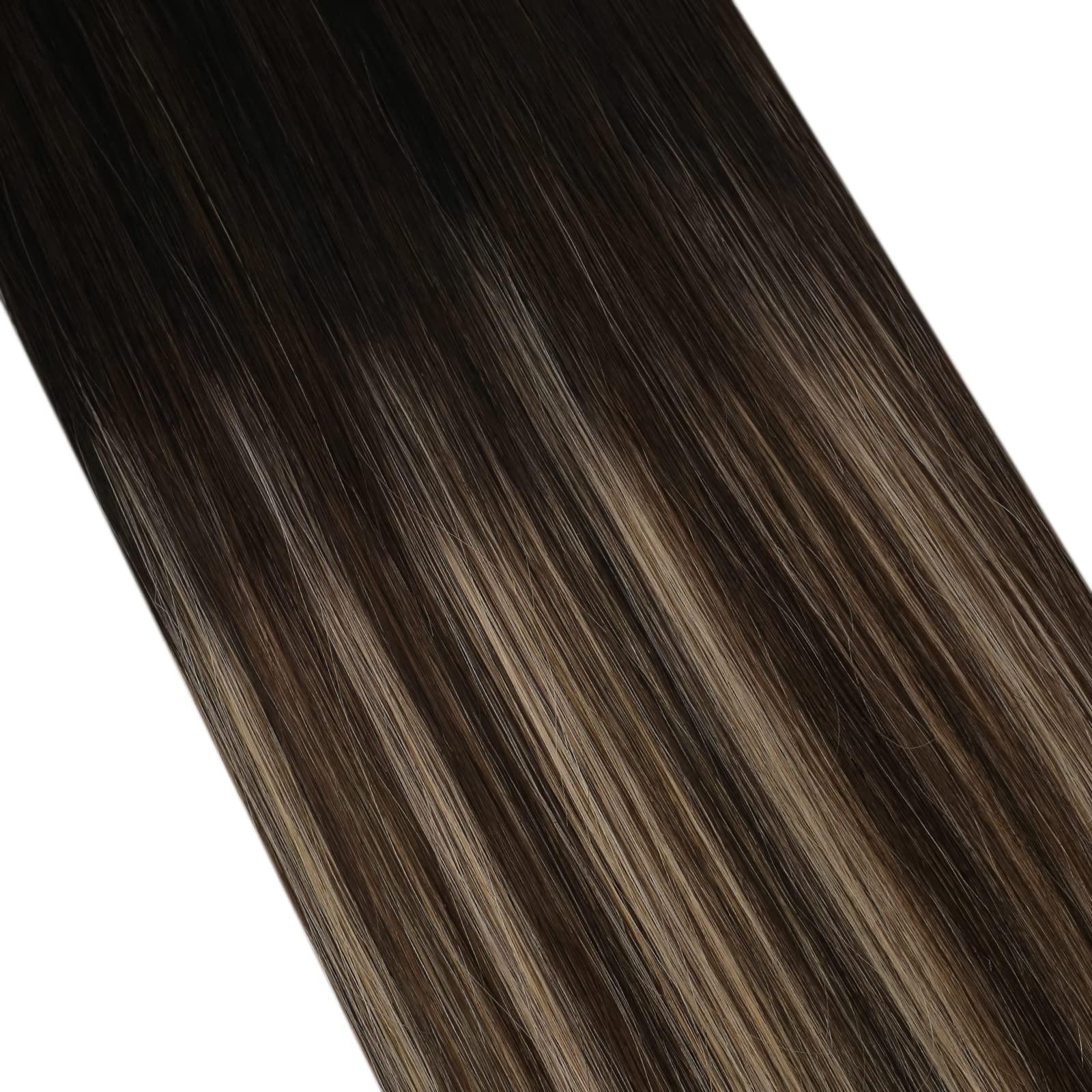 Ugeat Ugeat Balayage Brown Tape ins Human Hair Extensions Natural Black to Dark Brown Mix Caramel Blonde Ombre Seamless Tape in Hair Extensions for Women 22 Inch Add Length 20Pcs 50G