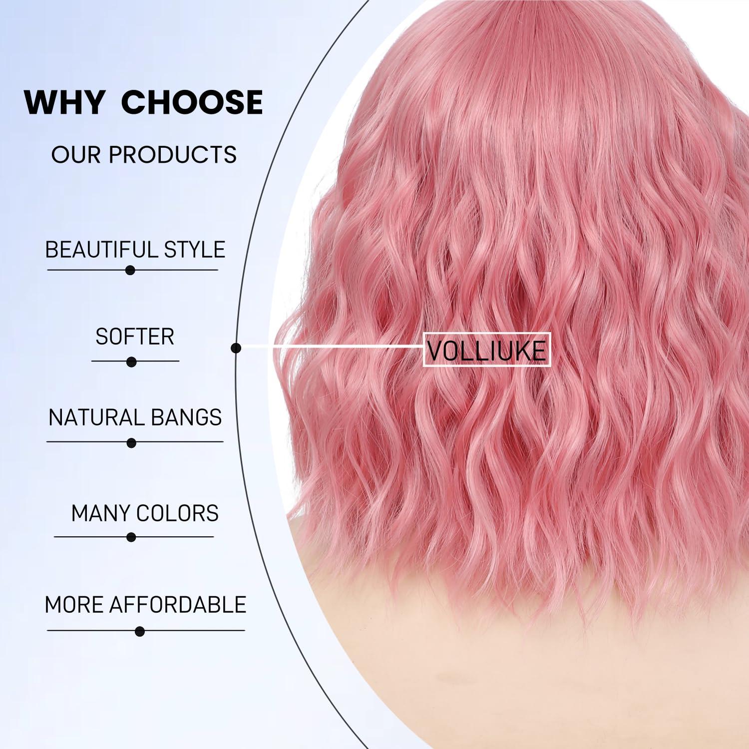 VOLLIUKE VOLLIUKE Short Pink Bob Wavy Wig with Bangs for Women Shoulder Length Women\'s Charming Synthetic Wigs with Natural Wavy Pink Heat Resistant Fiber Wig for Daily Party Use