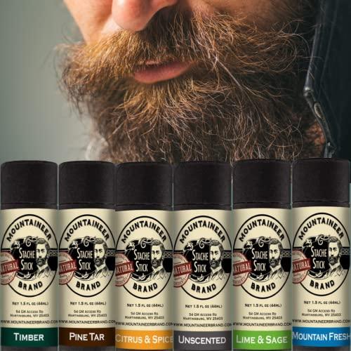 Mountaineer Brand, 100% Natural Always Mountaineer Brand Stache Stick | Mustache Wax for Men | 100% Natural Beeswax and Plant Based Oils | Grooming Beard Moustache Wax | Strong Hold | Smooth, Condition, Styling Balm | Mountain Fresh 1.5oz