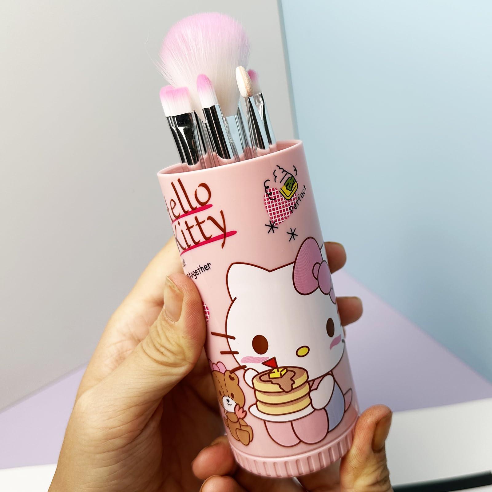 Holymid Kawaii Kitty 8PCS Makeup Brush with Storage Bucket and Headband, Cartoon Cat Cosmetic Makeup Brush Set Professional Tool Kit Set Brush Set Best Gift for Girl Women
