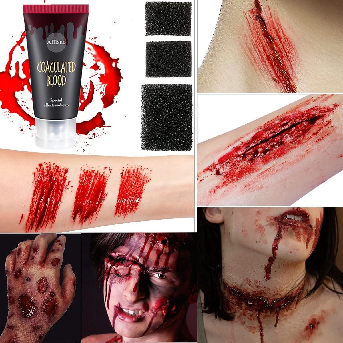 Afflano Afflano Bruise SFX Halloween Makeup Kit, Nose Scar Wax 60g+ Spatula+Stage Fake Blood+Face Body Paint+Skin Wax Oil, 3 Stipple Sponge For Festival Theatrical Wound Modeling Skull Zombie Vampire Makeup