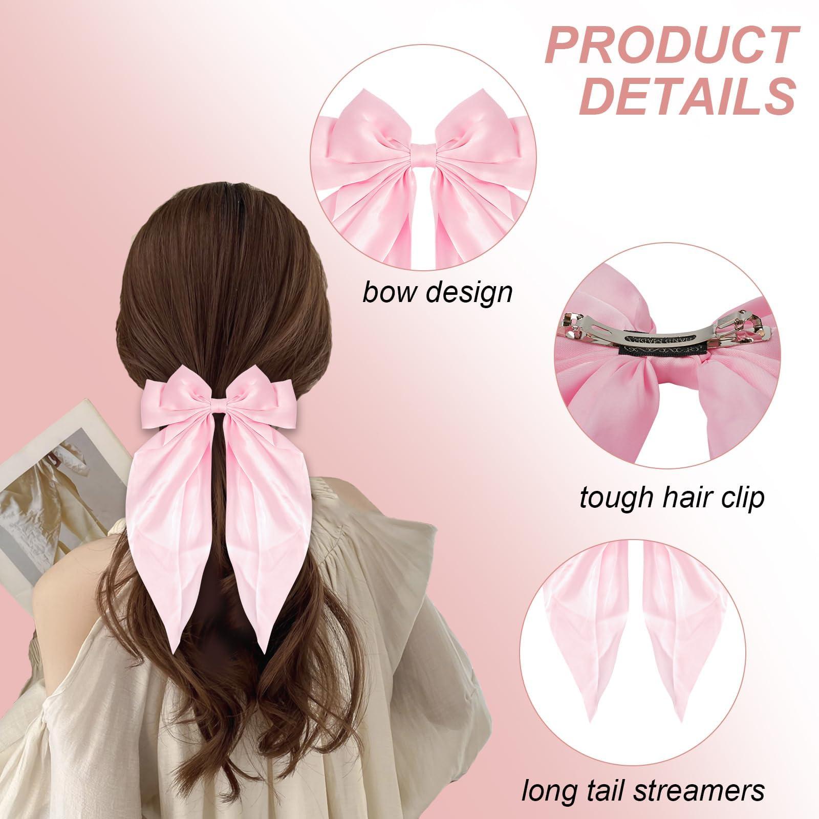 ROTATE COLOR Hair Bows, Hair Bows For Women Girls, Big Silky Satin Hair Bow Clips Oversized Long Tail, Aesthetic Cute Hair Accessories, Metal Bow Hair Clips (black+pink)