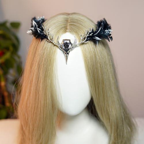 MOSTORY MOSTORY Handmade Black Raven Feather Crown - Gothic Elf Circlet with Raven Skull Dark Moon Tiara for Women Girls Halloween Cosplay Renaissance Wedding Witch Sorcerer Photo Shoot