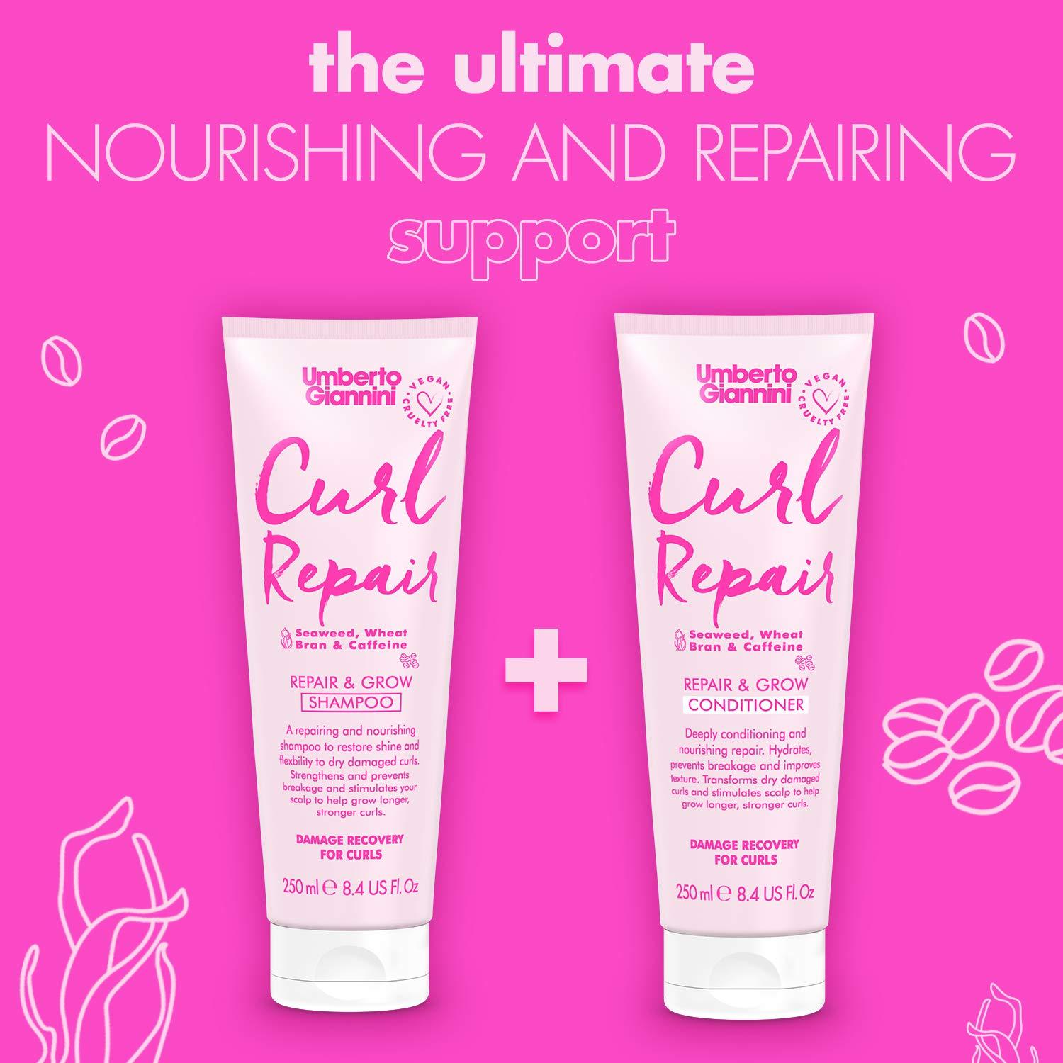 Umberto Giannini Umberto Giannini Curl Repair Shampoo + Conditioner Set, Vegan & Cruelty Free Repair & Growth Formula with Seaweed, Wheat Bran & Caffeine, 250 ml