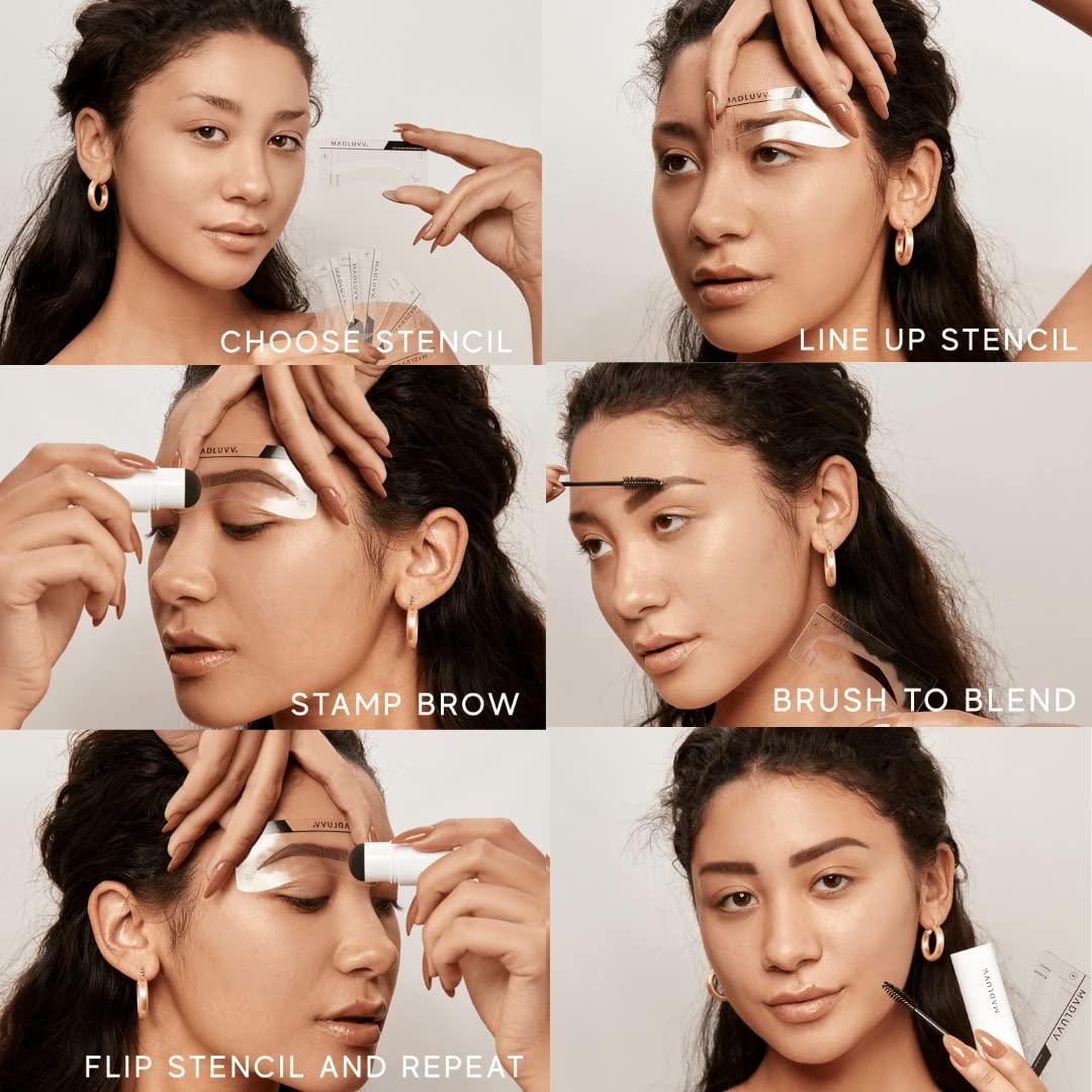 MADLUVV MADLUVV Eyebrow Stencil Kit - Easy-to-Use, Natural Look, 6 Popular Shapes, Used by Professionals - Includes Stamp, Stencils, Spoolie, and Travel Bag (Brunette)