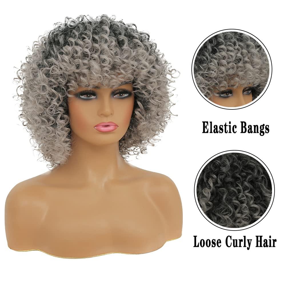 Kaneles Kaneles Short Grey Kinky Afro Wig for Black Women Synthetic Mixed Gray Wigs with Bangs Hair Shoulder Length Kinky Afro Curly Wig for Daily