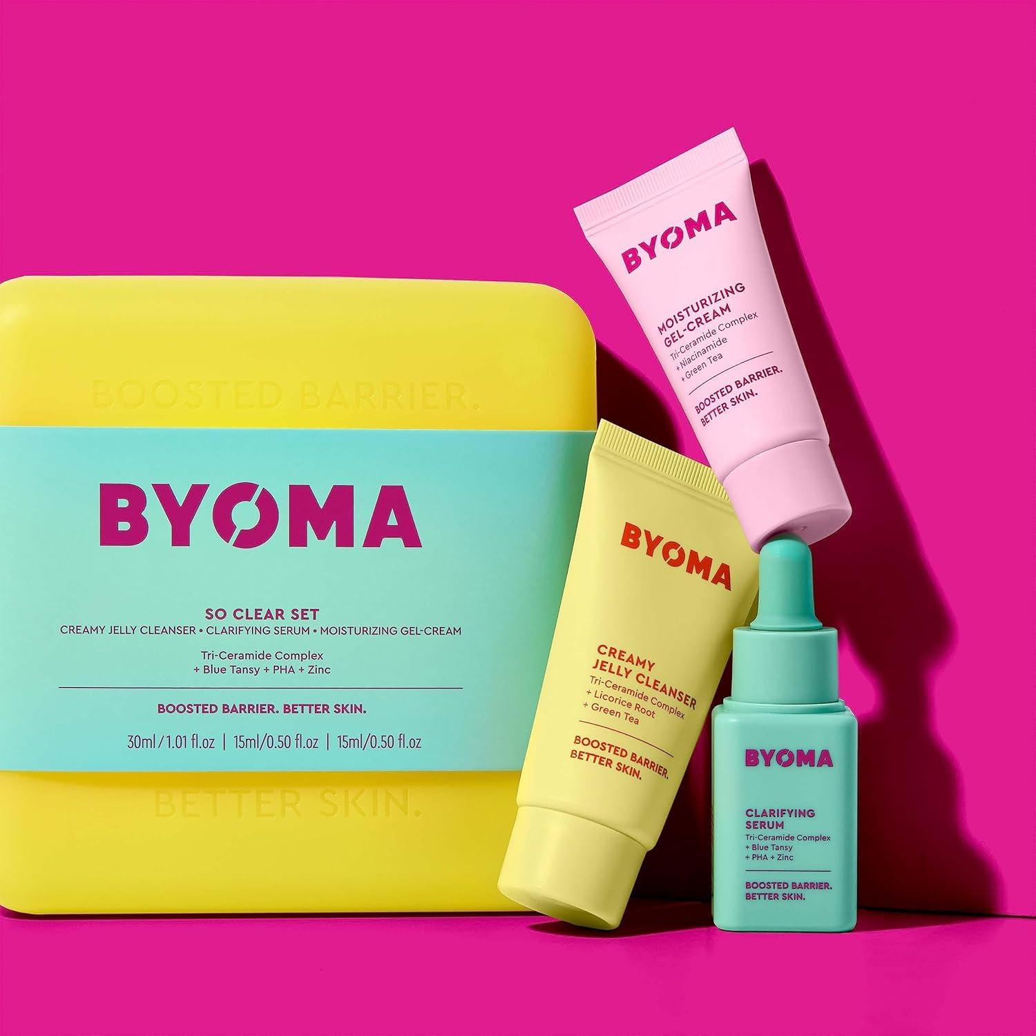 Byoma BYOMA So Clear Set - Barrier Repair Skincare Set for Acne Prone Skin - Creamy Jelly Cleanser, Clarifying Face Serum & & Gel-Cream Moisturizer - Unclogs Pores, Targets Blemishes - 30ml, 15ml, 15ml