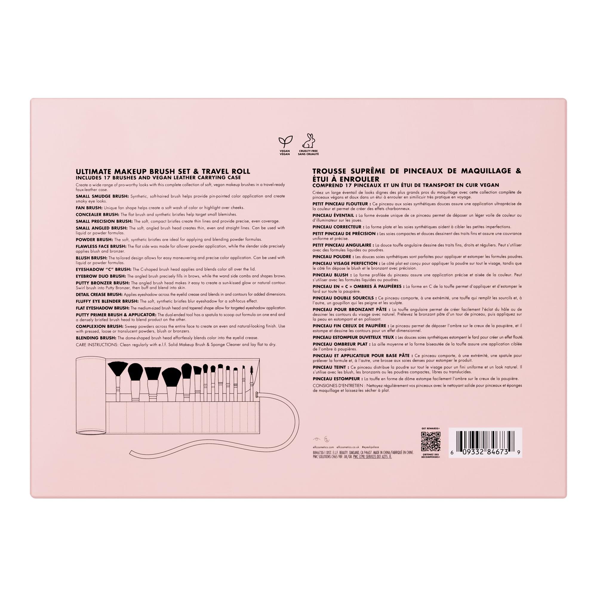 e.l.f. e.l.f. Ultimate Makeup Brush Set & Travel Roll, 17-Piece Brush Kit, Brushes For Eyeshadow, Foundation, Powder, Concealer & more, Vegan & Cruelty-Free