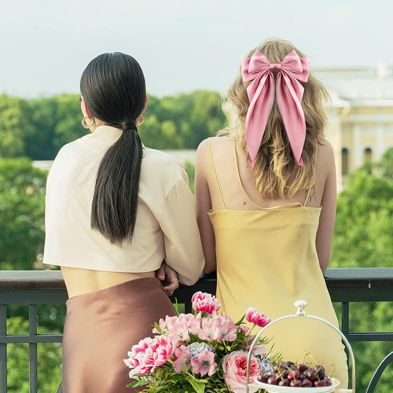 ZEPOLI ZEPOLI Big Satin Layered Hair Bows for Women Girls 11 Inch Barrette Hair Clip Long Black Ribbon Bows French Style Hair Accessories (Pink)