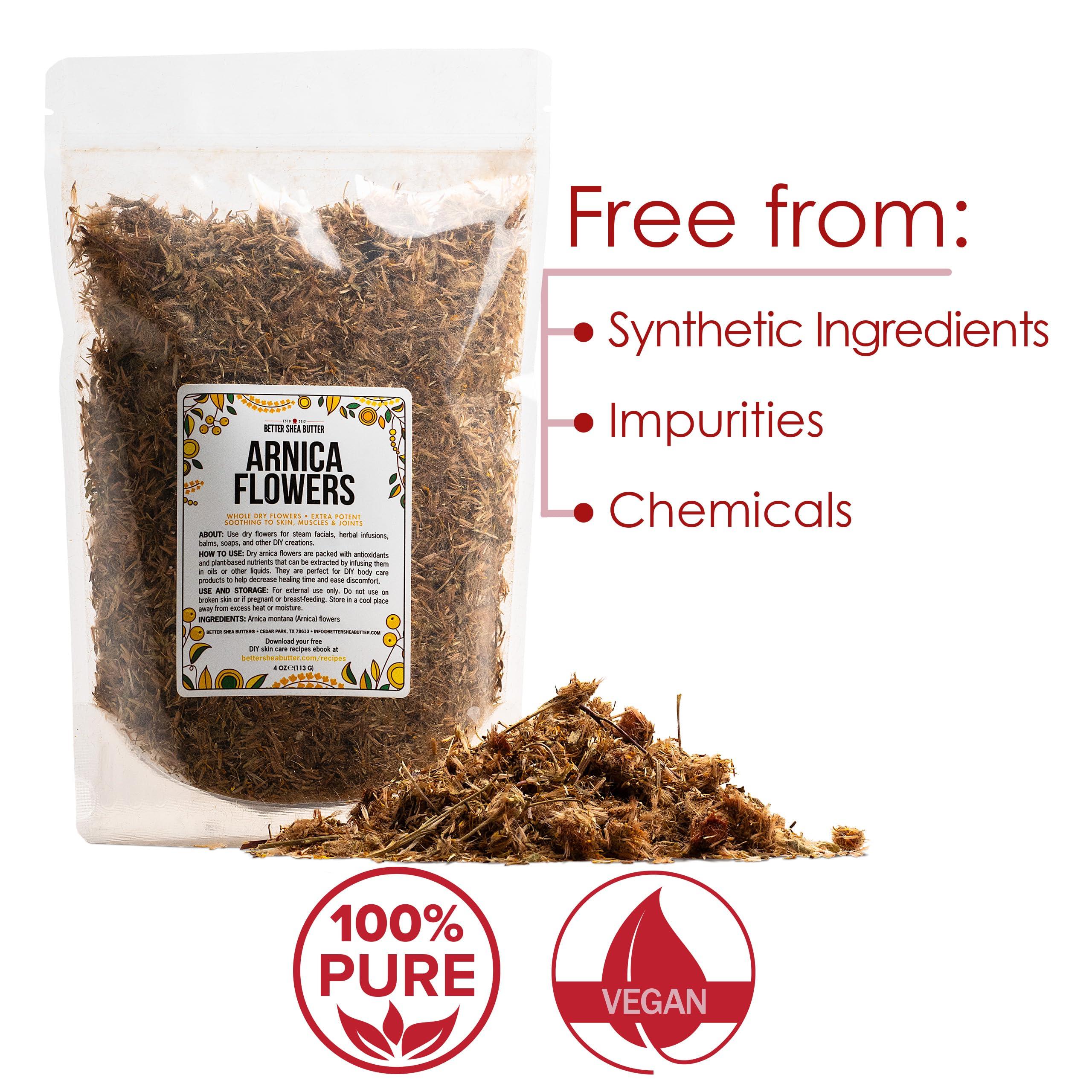 Better Shea Butter Arnica Flowers Dried for Making Arnica Tincture, Arnica Infused Oil, Poultices and Salves | 4 oz of Dried Herbs Bulk | Whole Flowers and Herbs in Resealable Pouch