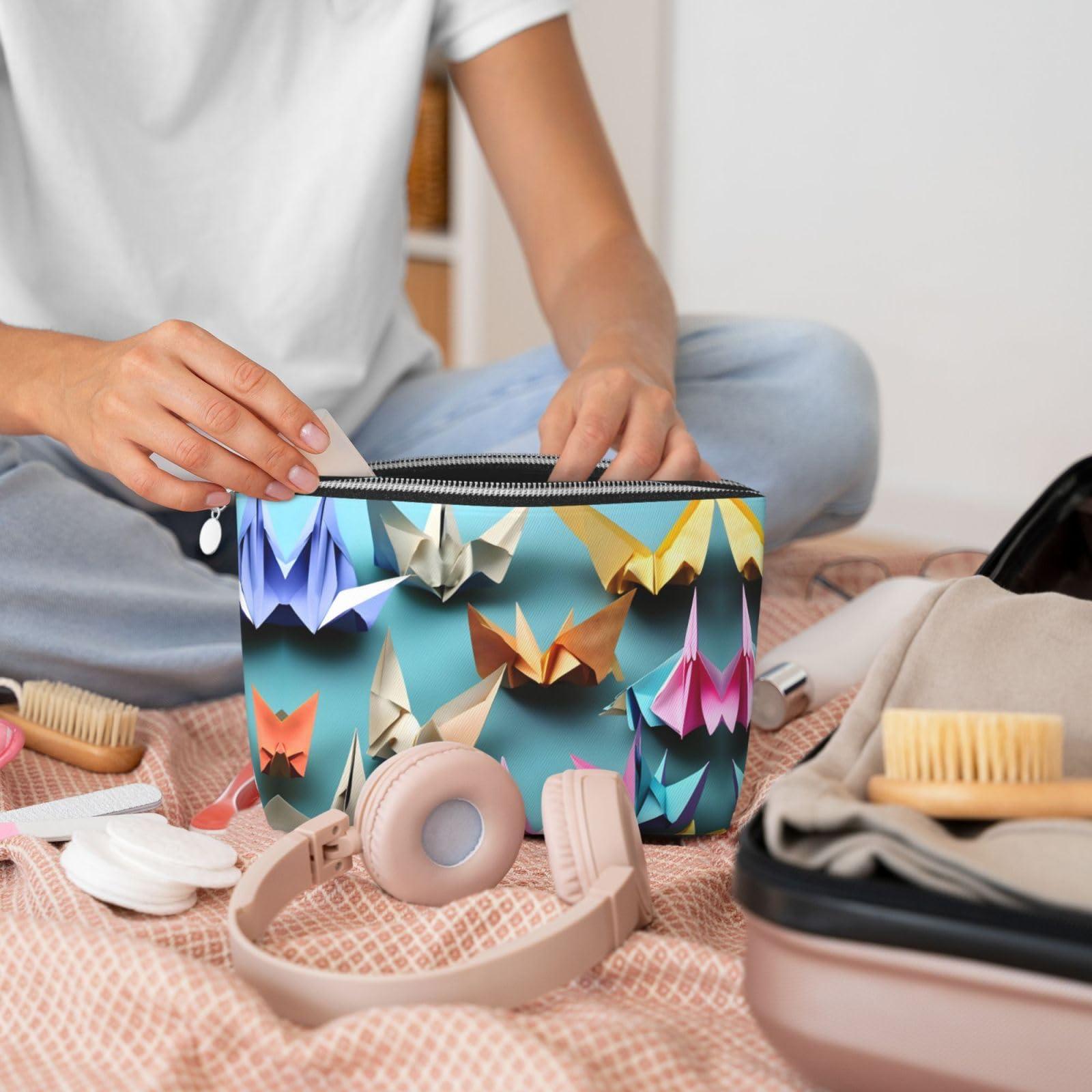 ZhanMg Silver Leather Travel Toiletry Bag - Reusable origami paper crane Cosmetic Makeup Accessories Organizer - Women Purse with Zipper