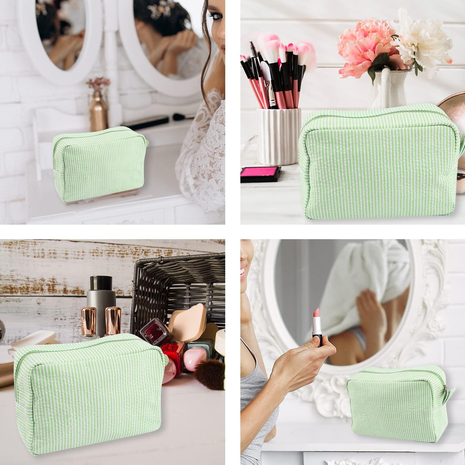 GFU Seersucker Cosmetic Bag, Large Makeup Pouch Travel Toiletry Case with Zipper Closure Seersucker Cosmetic Organizer for Women Girls, Baby Diaper Bag Organizer