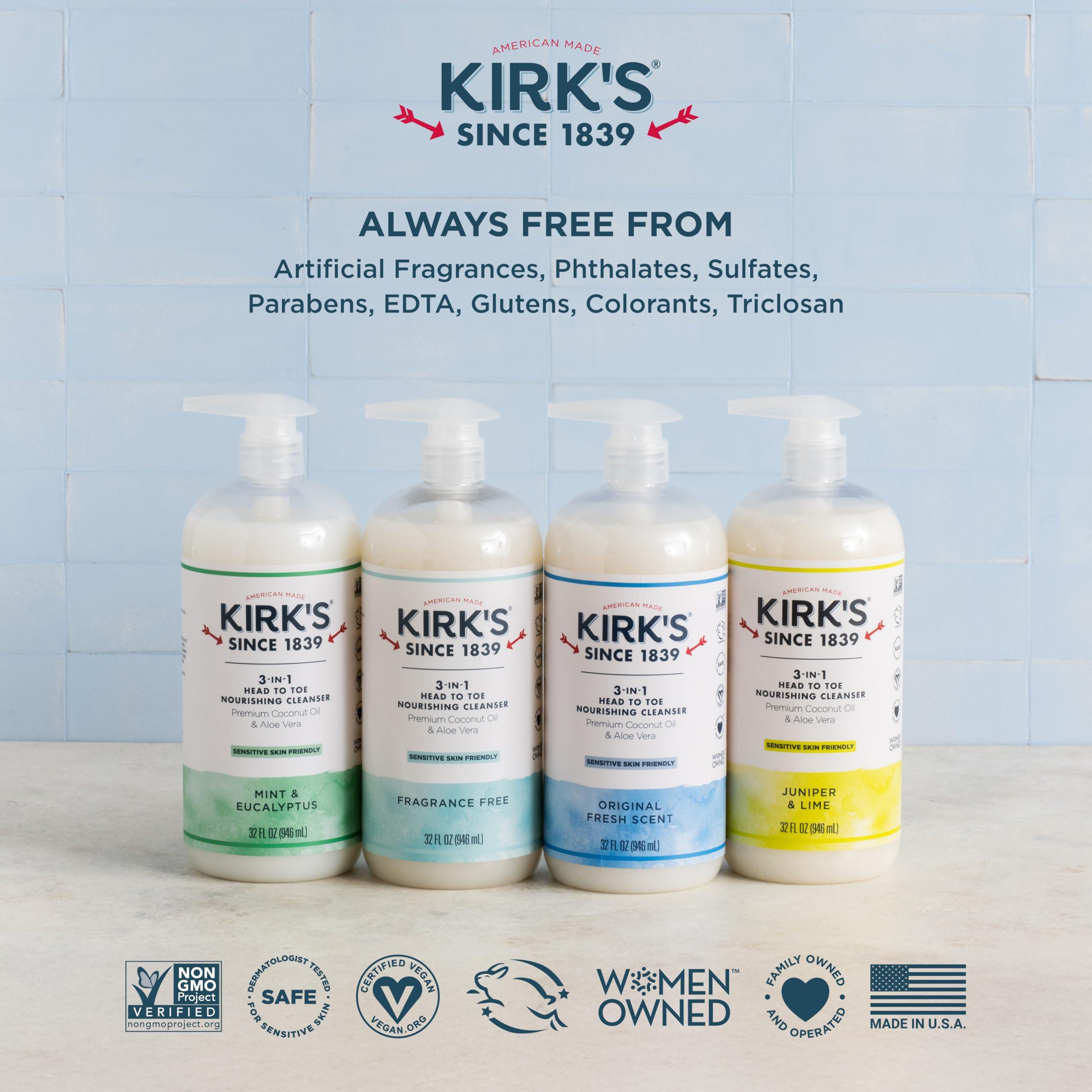 Kirk's Kirk\'s 3-in-1 Head to Toe Nourishing Liquid Cleanser & Travel Size Bar Soap - for Men, Women & Children - Premium Coconut Oil & Aloe Vera- Non GMO & Vegan -Mint & Eucalyptus - 32 Fl Oz