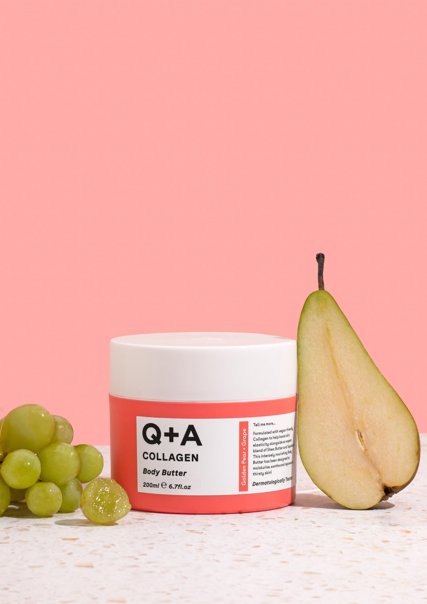 Q+A Q+A Collagen Body Butter: Luxuriously Rich, Intensely Moisturising Vegan Formula with Hydrolysed Vegetable Protein, Shea Butter, Squalane, and Golden Pear and Grape Scent for Soft, Supple Skin, 200ml